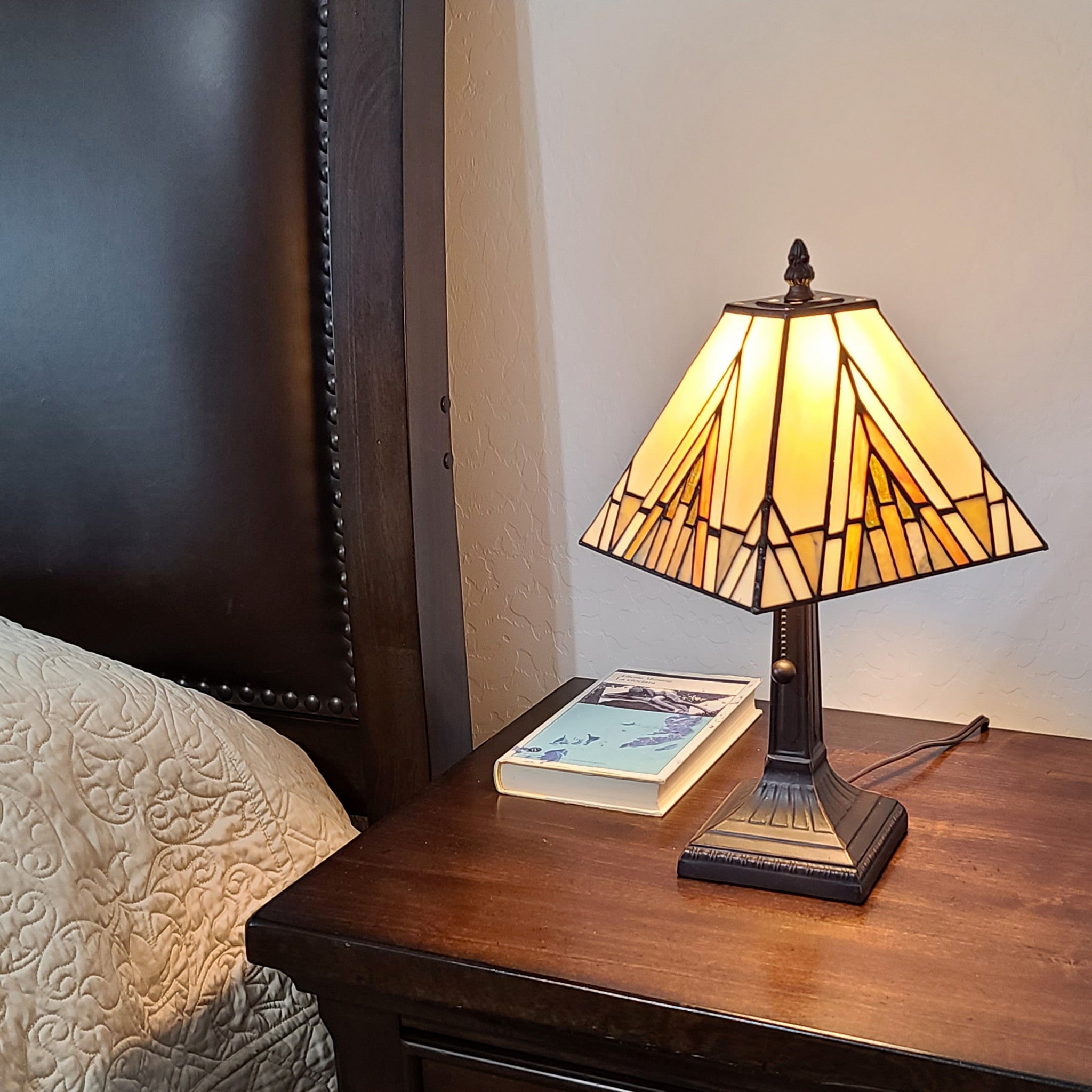 15" Dark Brown Metal Candlestick Table Lamp With Beige Shade-Table Lamps-DECOROLALA