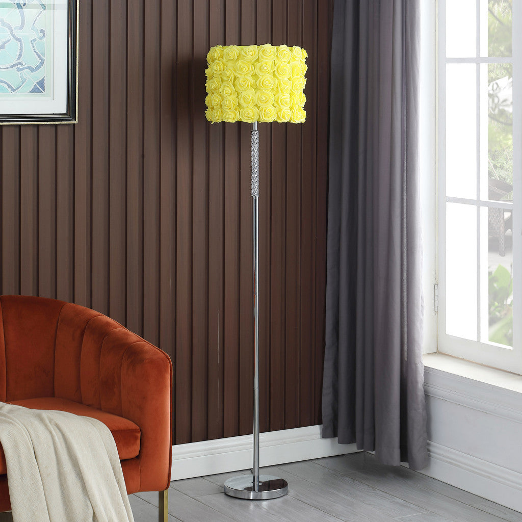63" Steel and Acrylic Floor Lamp With Yellow Flowers Fabric Drum Shade-Floor Lamps-DECOROLALA