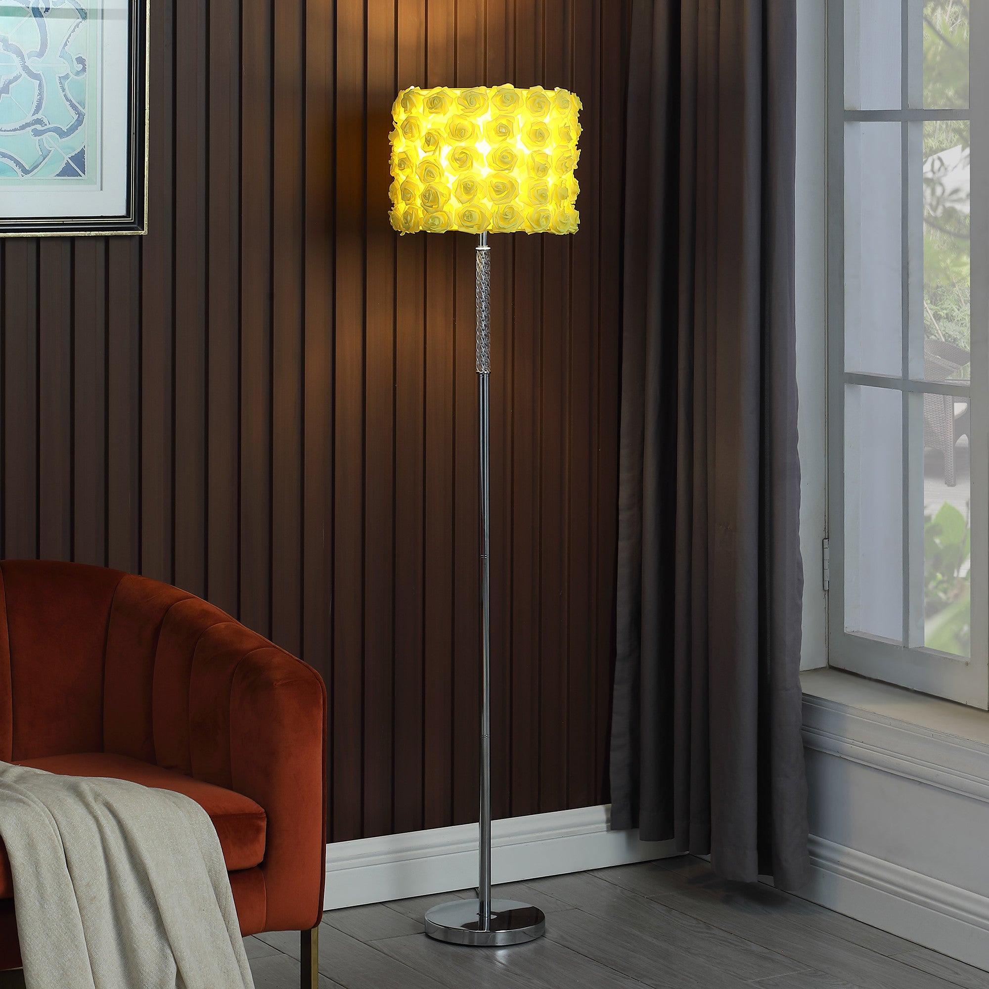 63" Steel and Acrylic Floor Lamp With Yellow Flowers Fabric Drum Shade-Floor Lamps-DECOROLALA