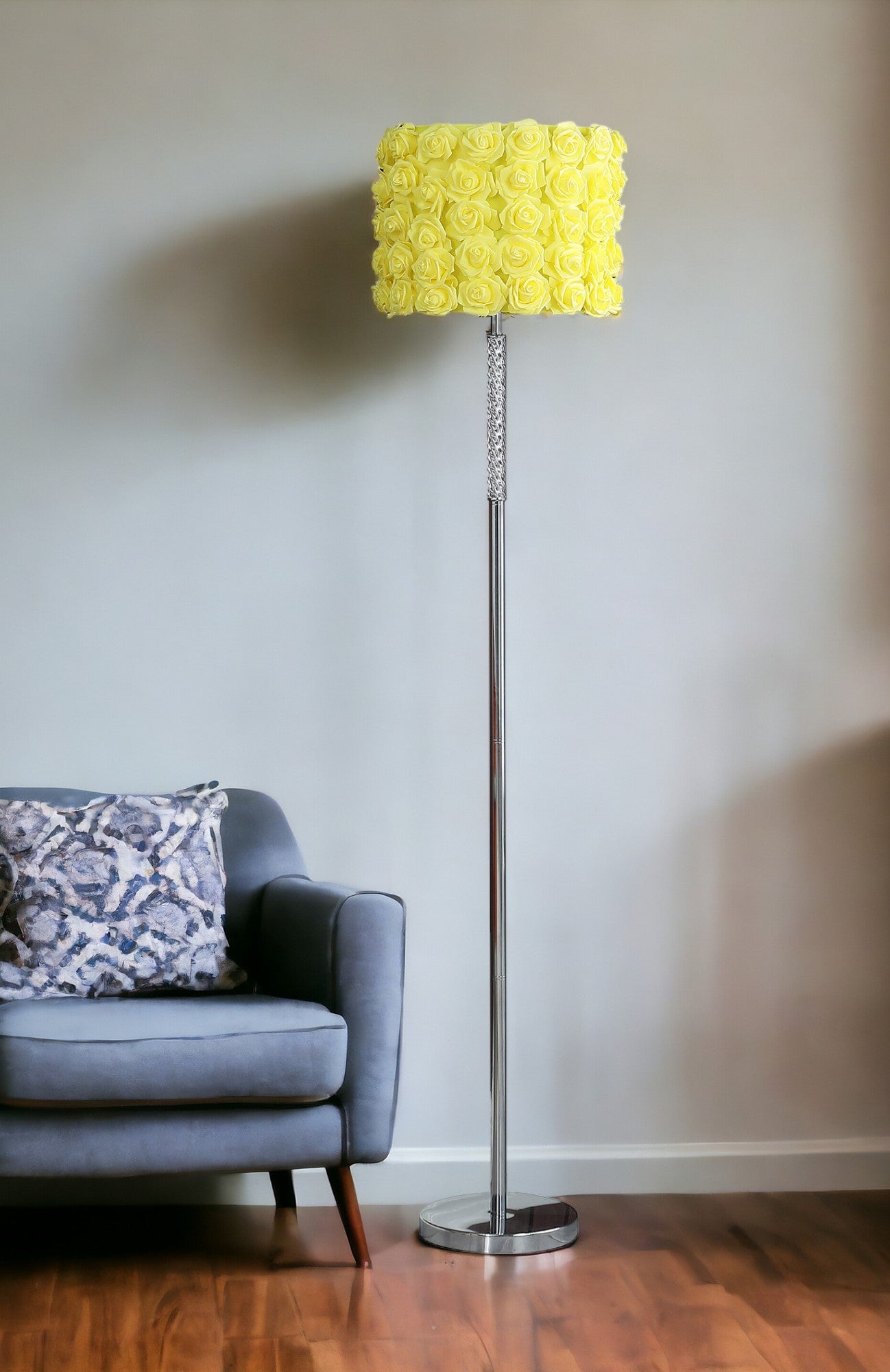 63" Steel and Acrylic Floor Lamp With Yellow Flowers Fabric Drum Shade-Floor Lamps-DECOROLALA