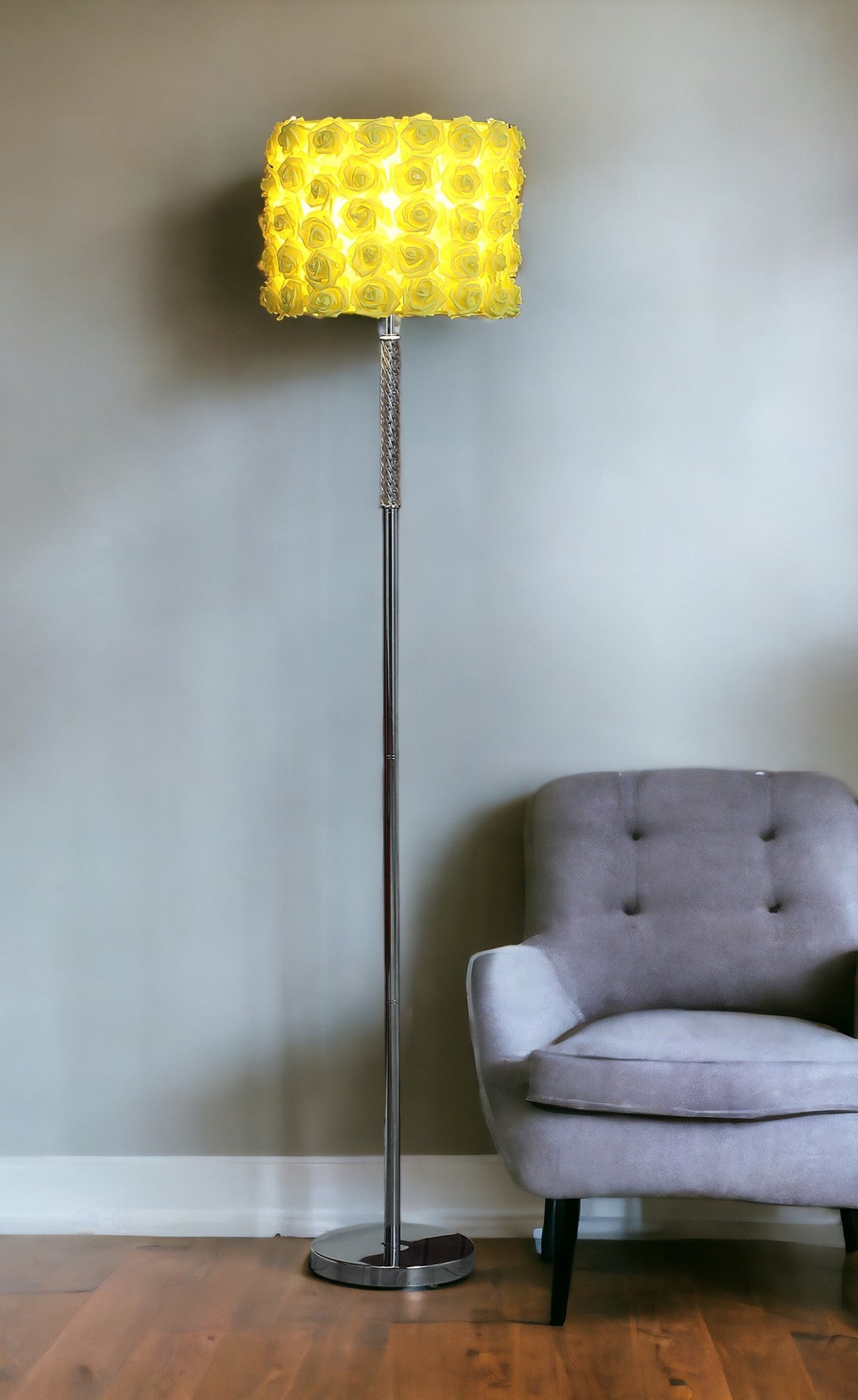 63" Steel and Acrylic Floor Lamp With Yellow Flowers Fabric Drum Shade-Floor Lamps-DECOROLALA