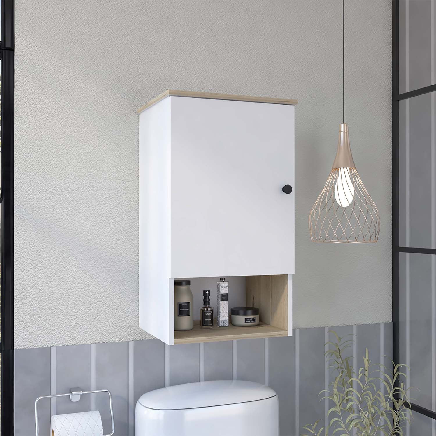 16" Light Oak And White Wall Mounted Cabinet With Three Shelves-3