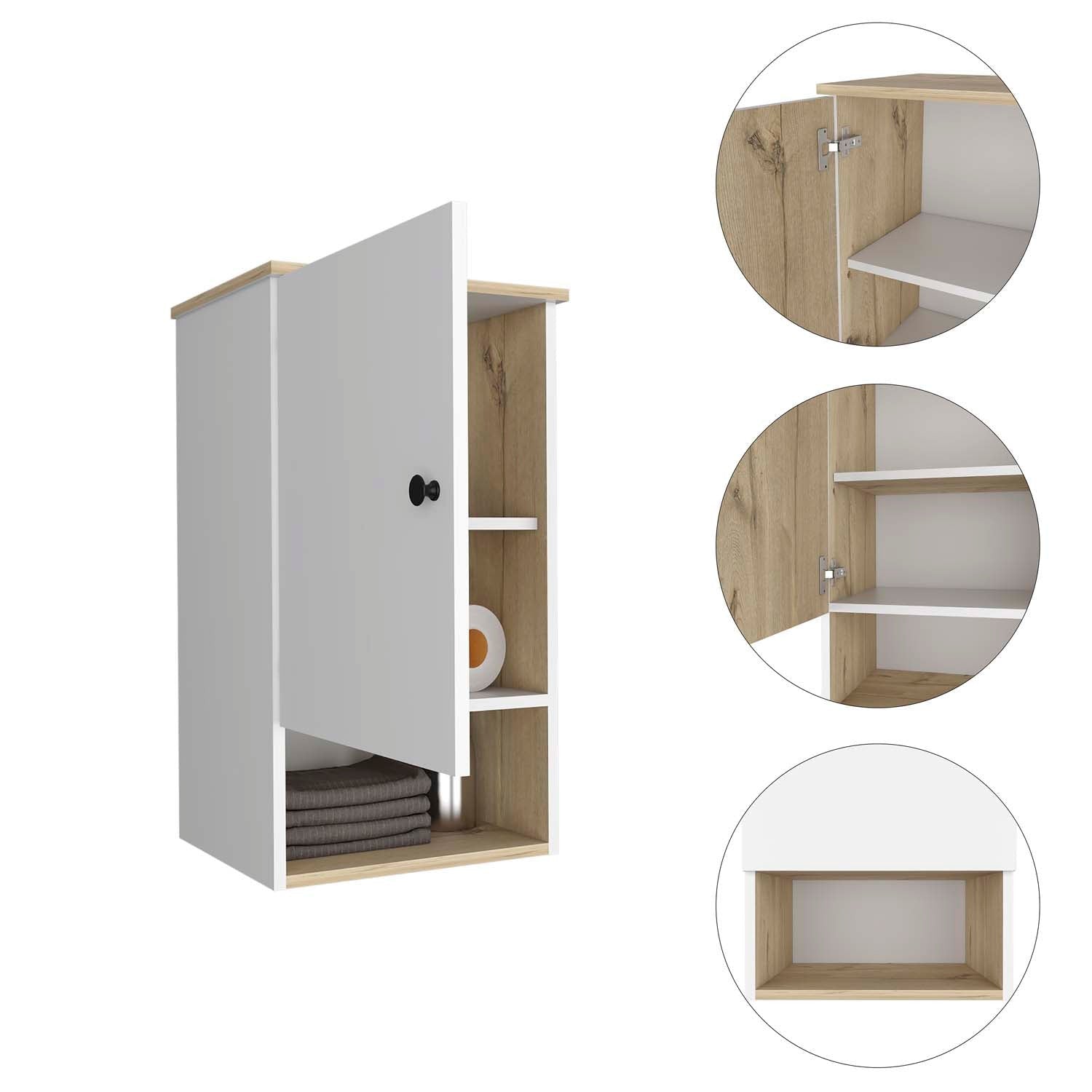16" Light Oak And White Wall Mounted Cabinet With Three Shelves-2