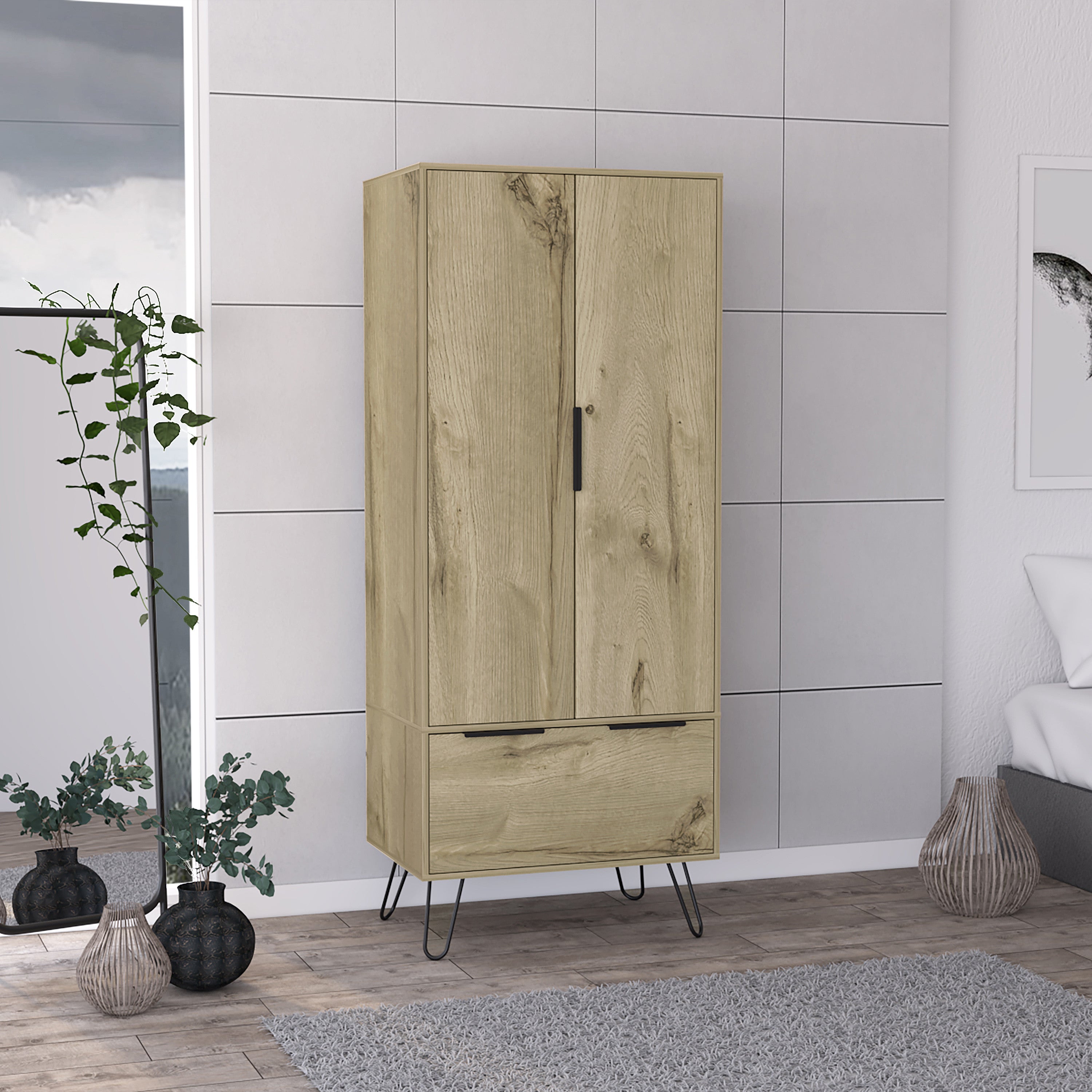 74" Oak Wood Two Door Single Drawer Combo Dresser-5