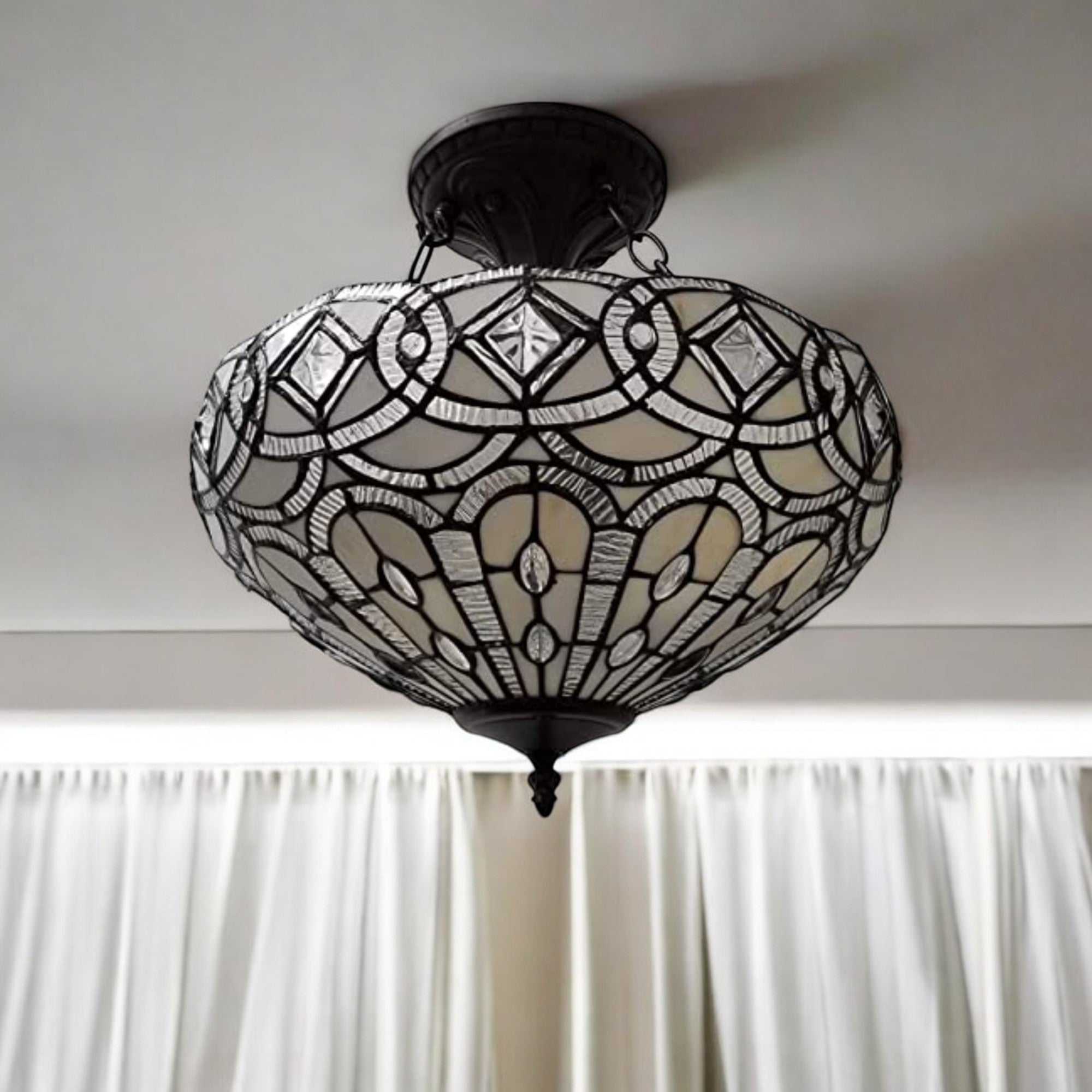 Black and Gray Tiffany Style Two Light Glass Dimmable Semi Flush Ceiling Light-Chandeliers-DECOROLALA