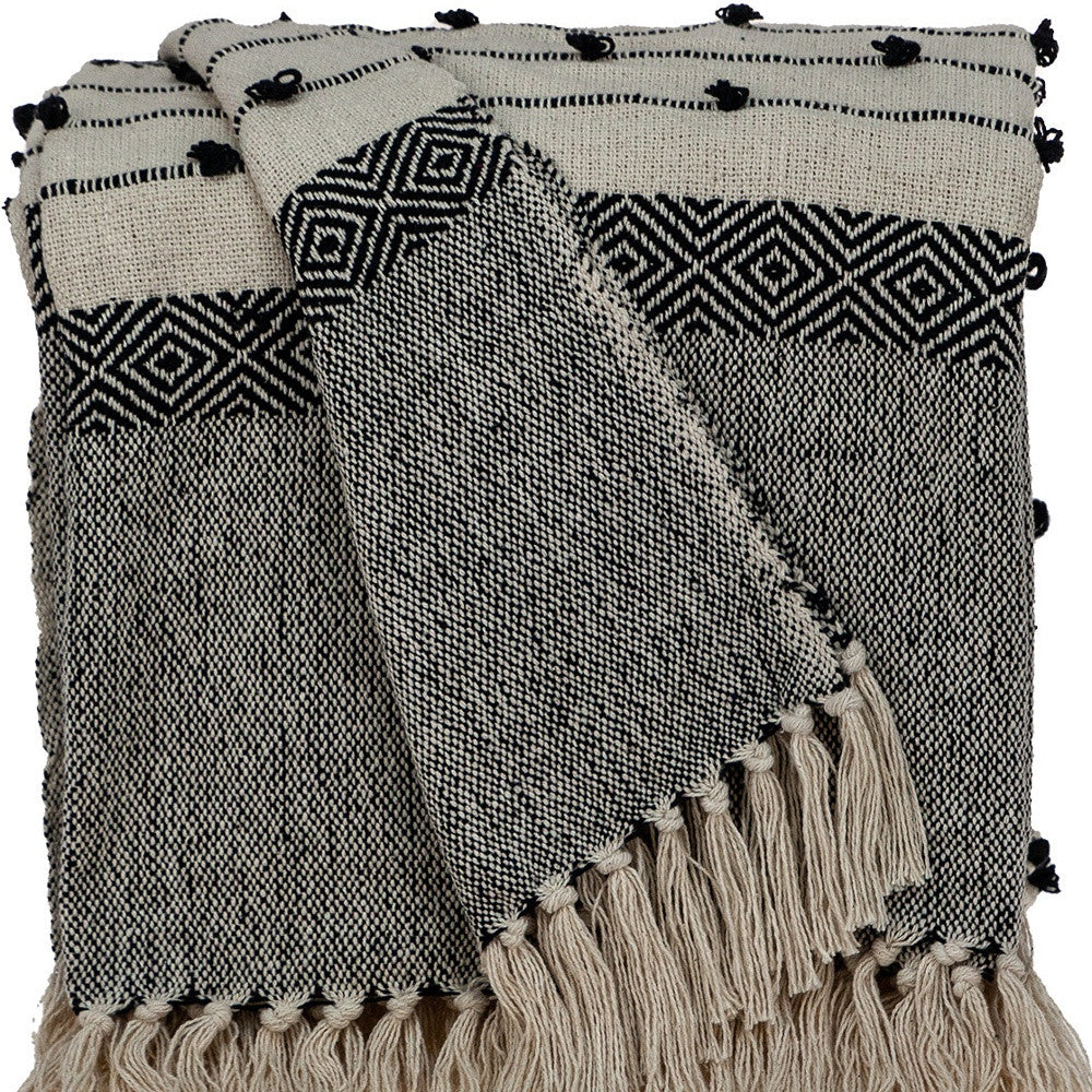 52" X 67" Beige and Black Woven Wool Throw Blanket-Throws & Blankets-DECOROLALA
