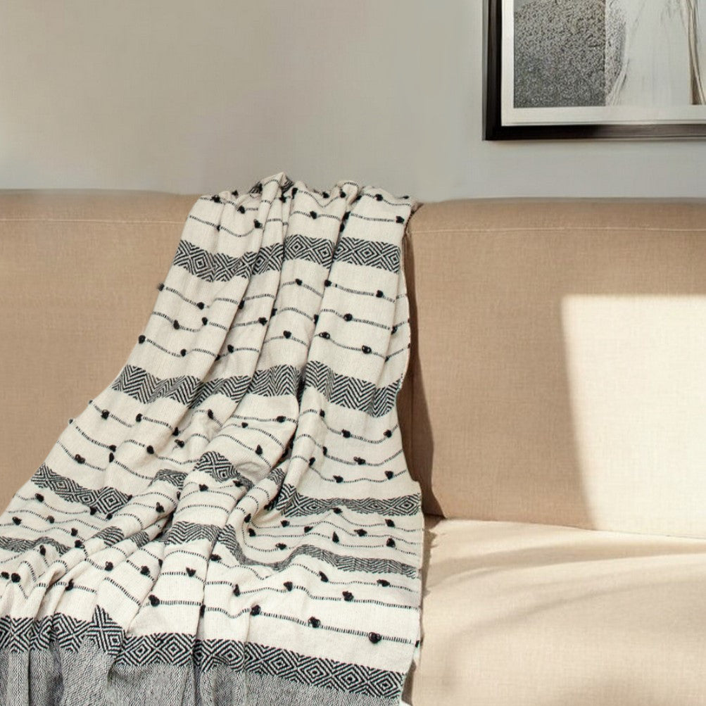 52" X 67" Beige and Black Woven Wool Throw Blanket-Throws & Blankets-DECOROLALA