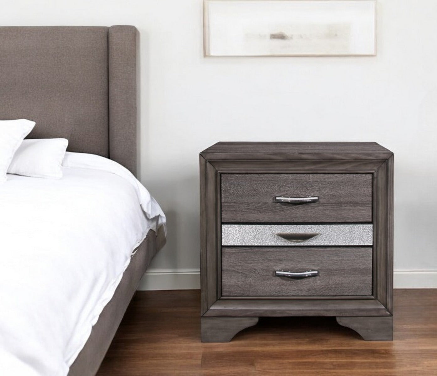 27" Gray Wood and Solid Wood Two Drawer Nightstand-Nightstands & Bedside Tables-DECOROLALA