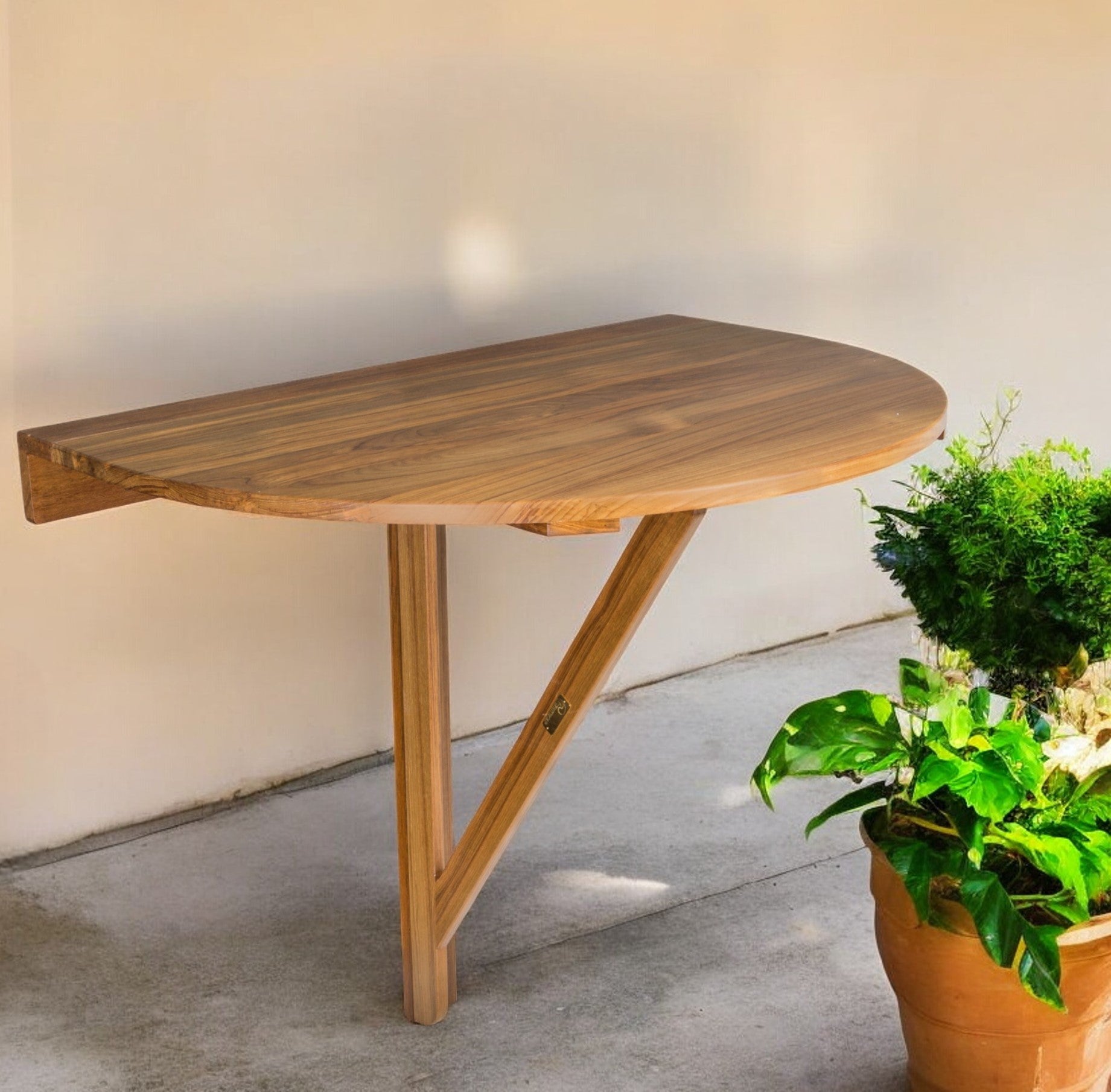 24" Brown Half Round Solid Wood Folding Outdoor Balcony Table-Outdoor Tables-DECOROLALA