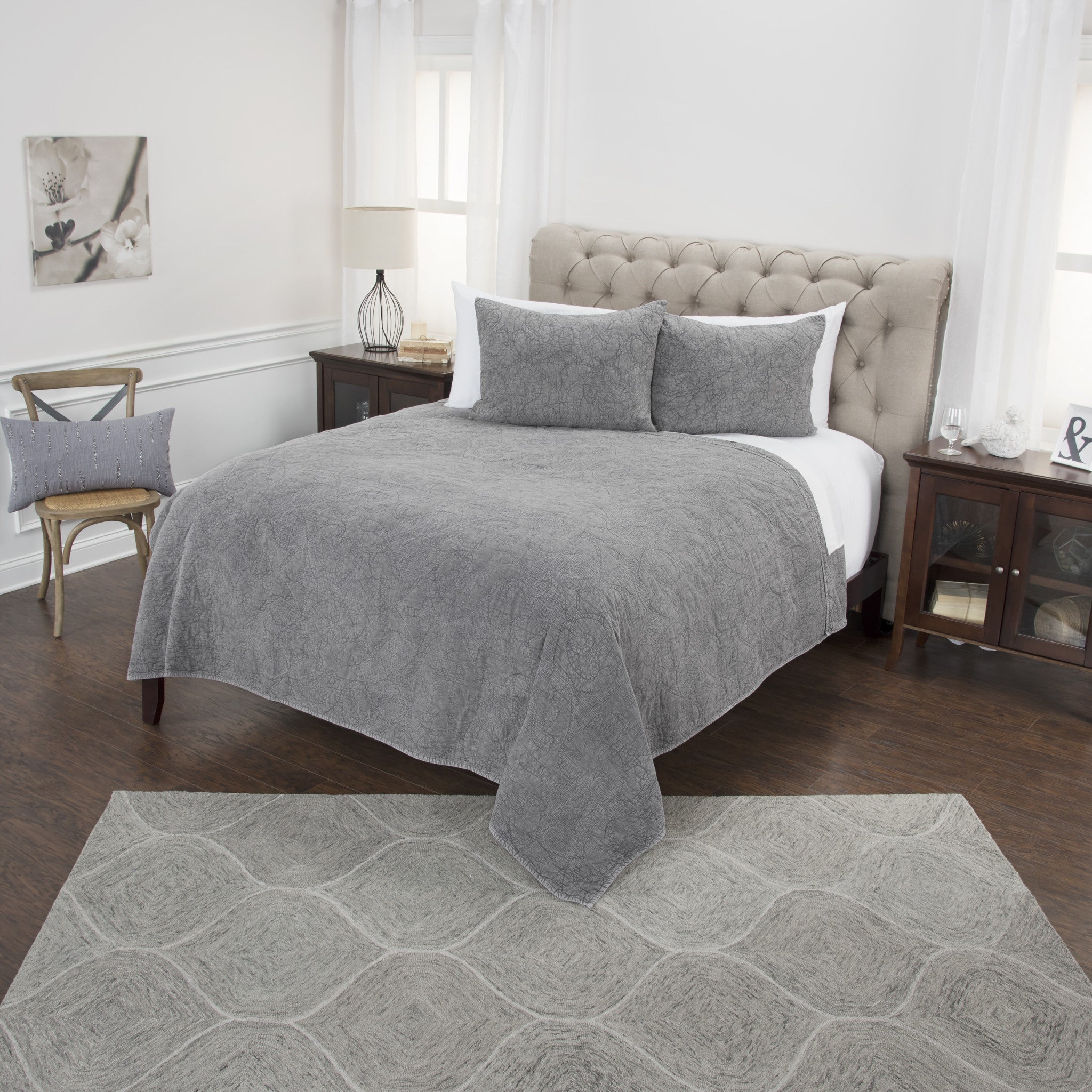 Gray Damask King Quilt-Comforters and Quilts-DECOROLALA