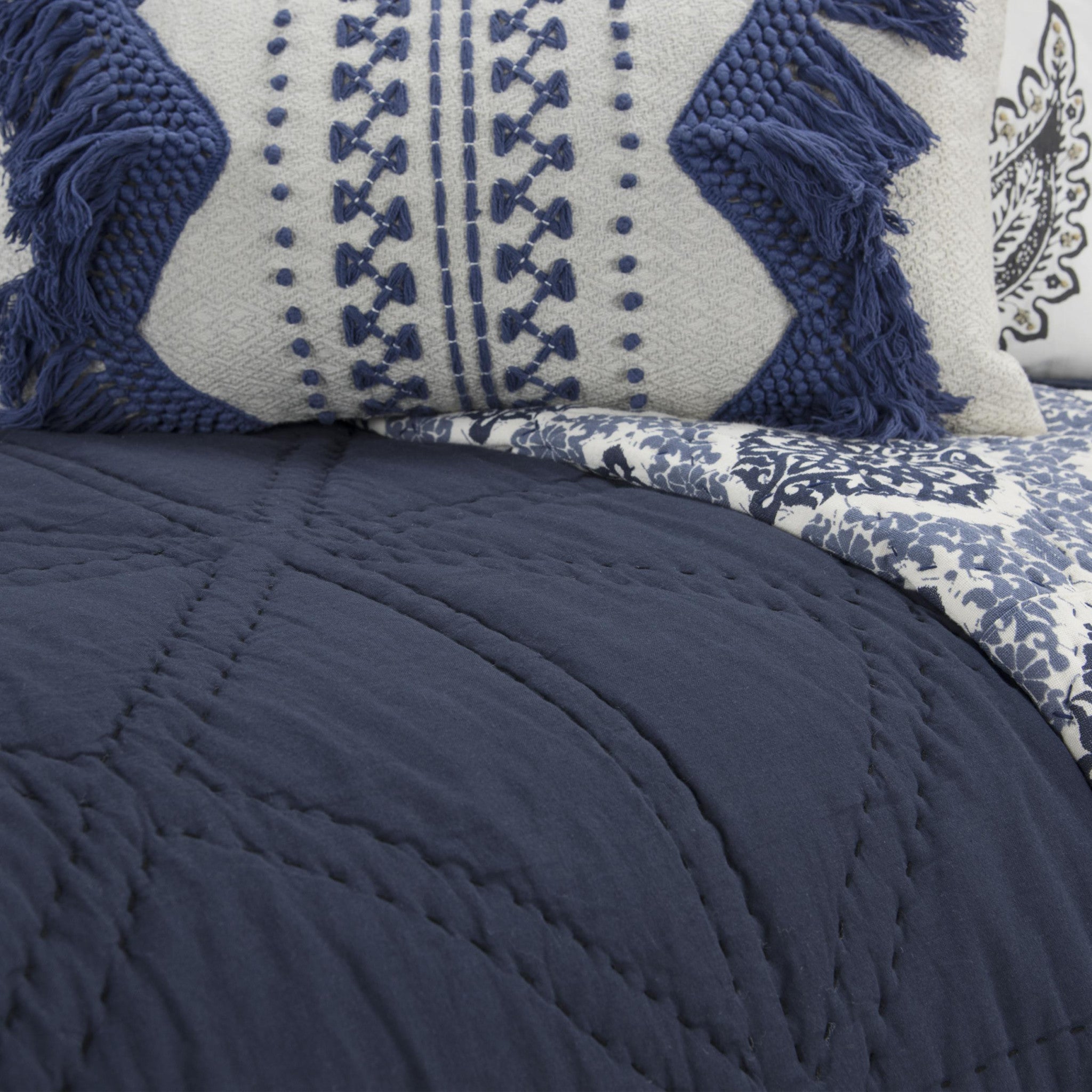 Set of Three Indigo Geometric King Quilt-Comforters and Quilts-DECOROLALA