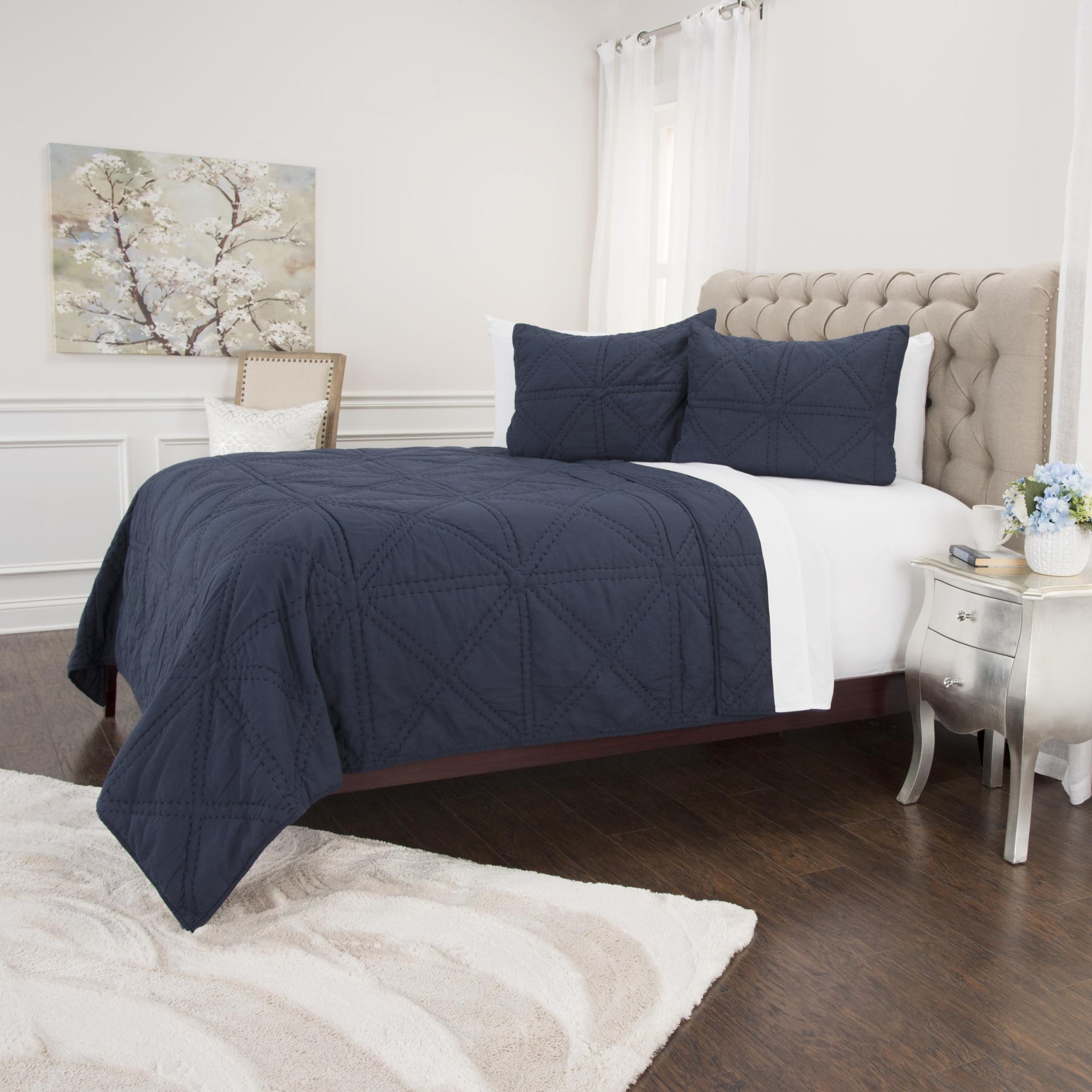 Set of Three Indigo Geometric King Quilt-Comforters and Quilts-DECOROLALA