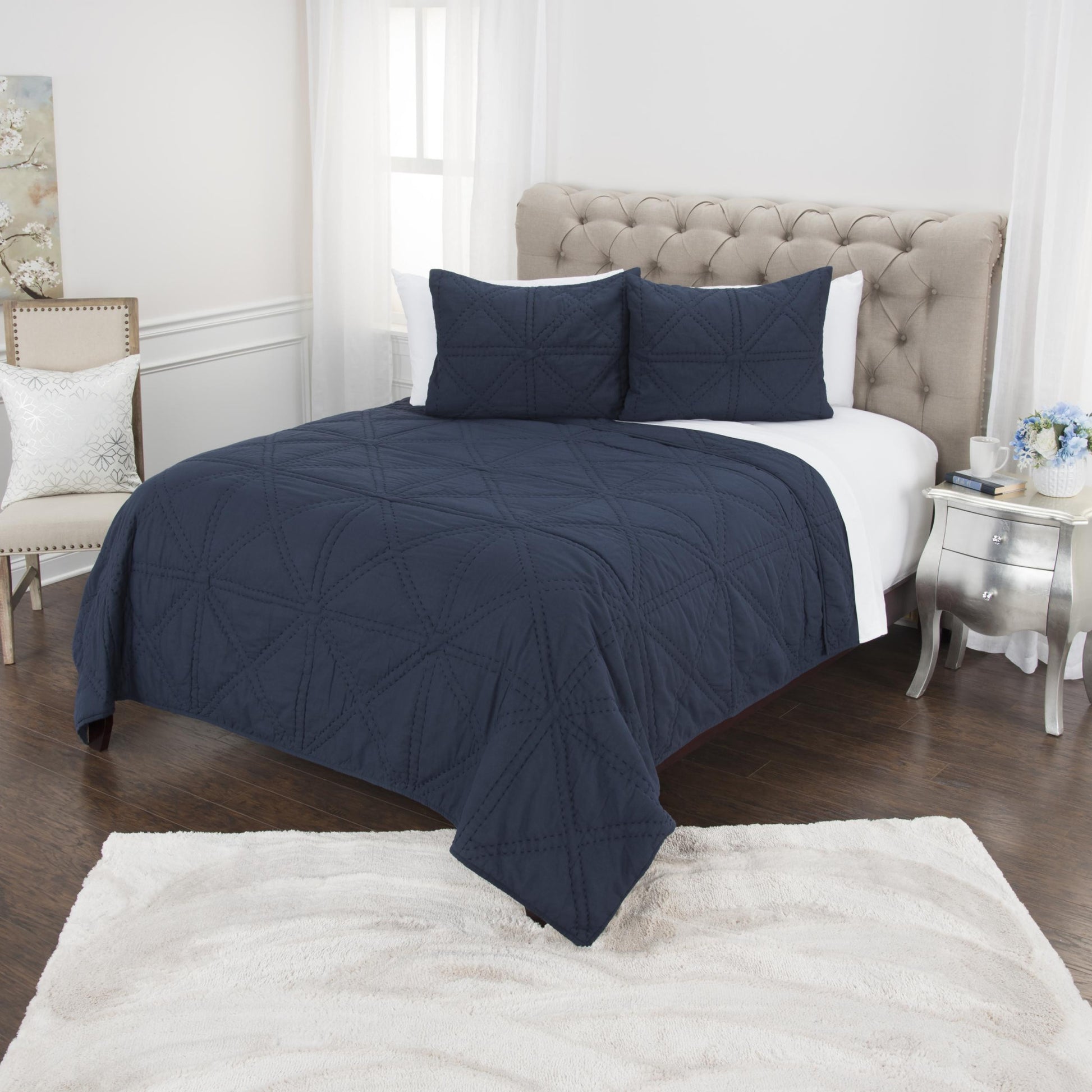 Set of Three Indigo Geometric King Quilt-Comforters and Quilts-DECOROLALA