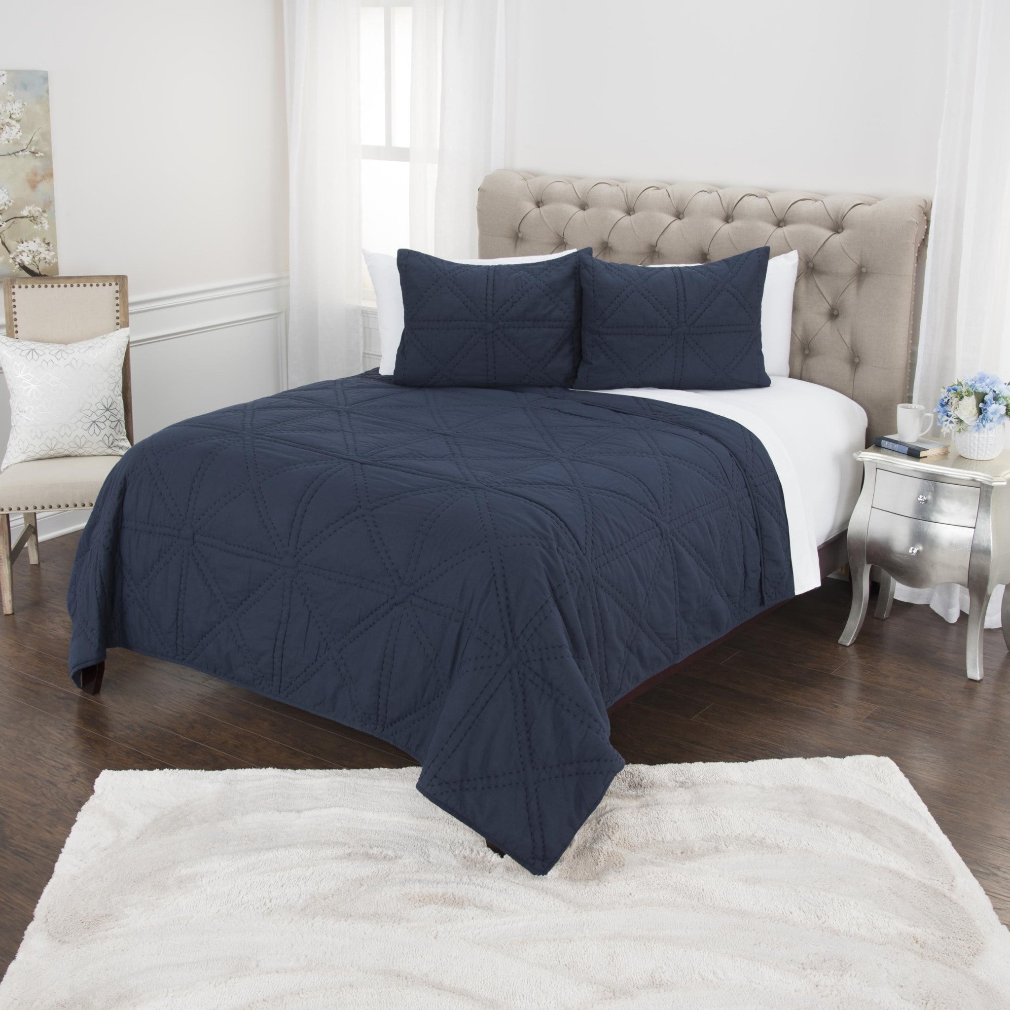Set of Three Indigo Geometric King Quilt-Comforters and Quilts-DECOROLALA