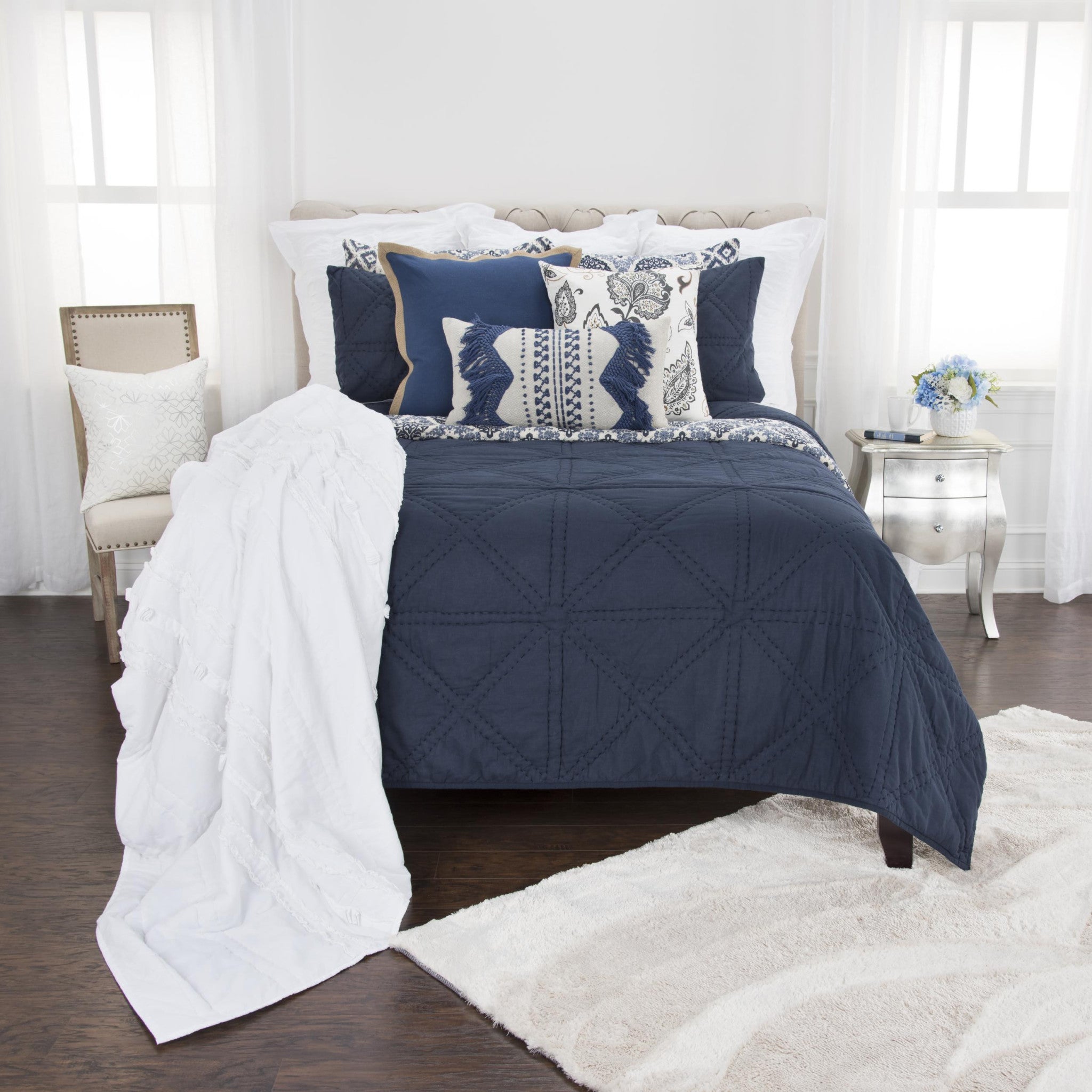 Set of Three Indigo Geometric King Quilt-Comforters and Quilts-DECOROLALA