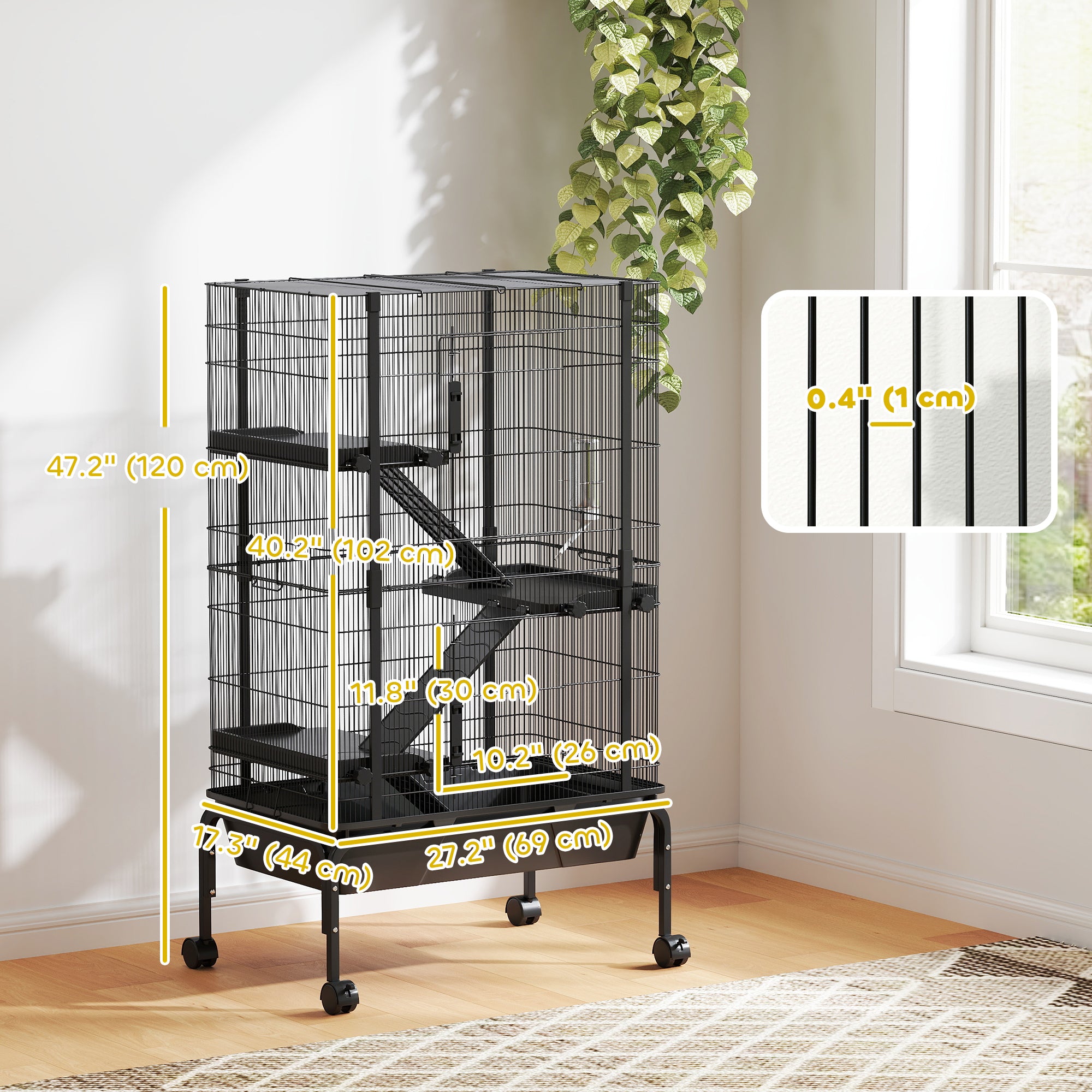 47"H Ferret Cage, Large 4-Tier Guinea Pig Cage with Wheels, Ramps, Bowl, Water Bottle & Removable Tray, Black-Small Animals-DECOROLALA