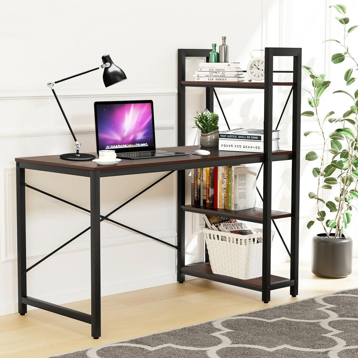 47.5 Inch Writing Study Computer Desk with 4-Tier Shelves-Tan-Computer Desks-DECOROLALA