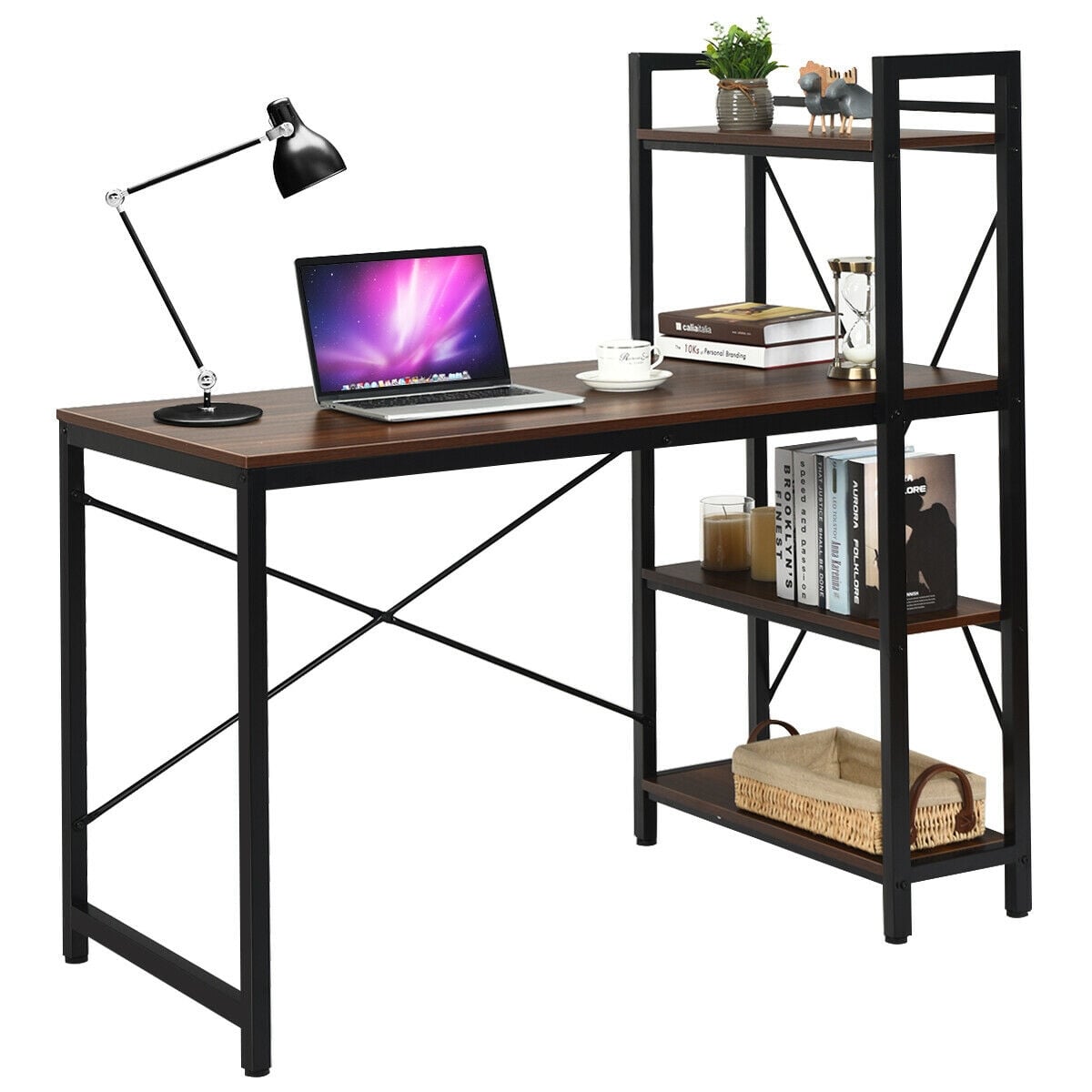 47.5 Inch Writing Study Computer Desk with 4-Tier Shelves-Tan-Computer Desks-DECOROLALA