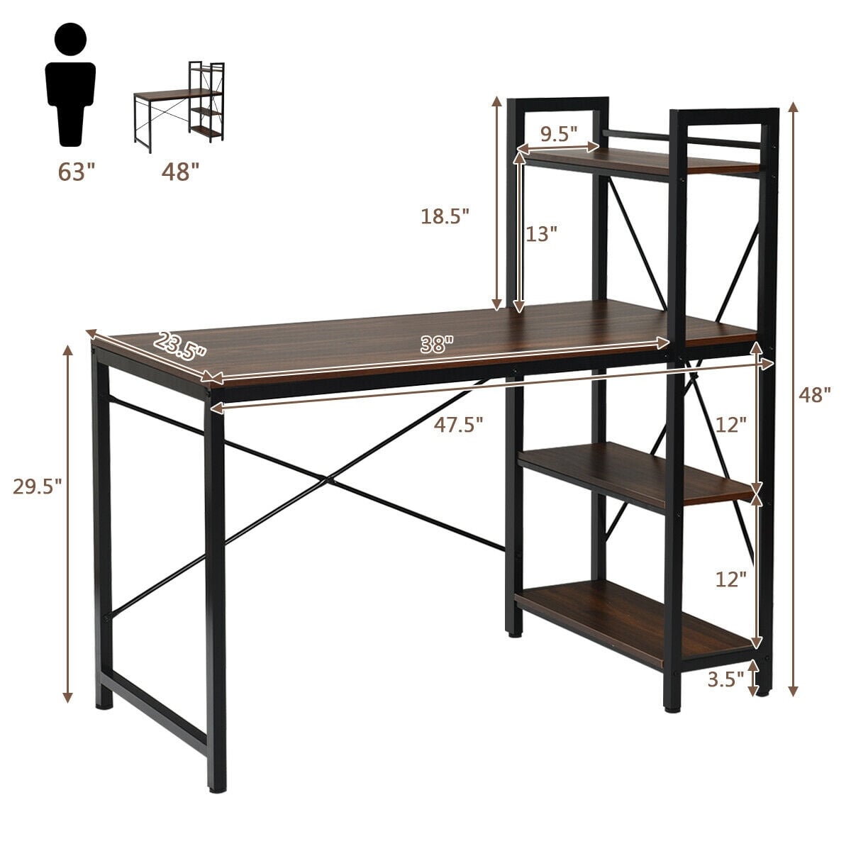47.5 Inch Writing Study Computer Desk with 4-Tier Shelves-Tan-Computer Desks-DECOROLALA