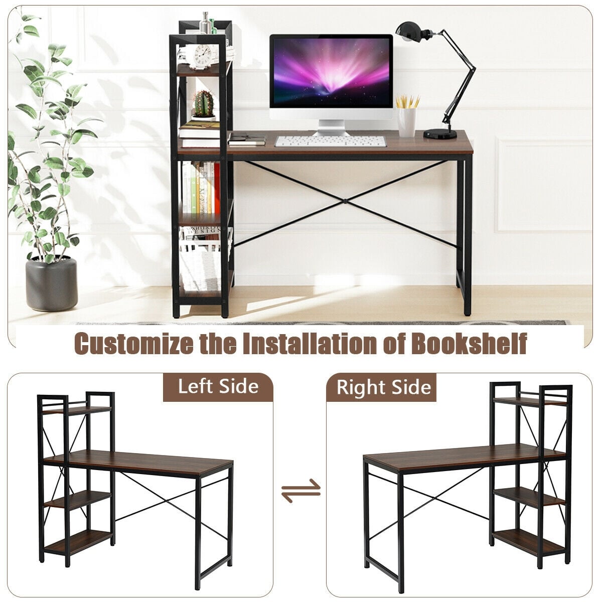 47.5 Inch Writing Study Computer Desk with 4-Tier Shelves-Tan-Computer Desks-DECOROLALA