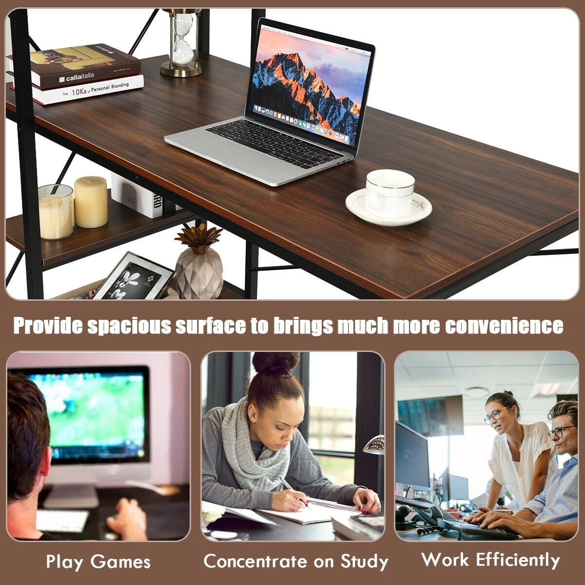 47.5 Inch Writing Study Computer Desk with 4-Tier Shelves-Tan-Computer Desks-DECOROLALA