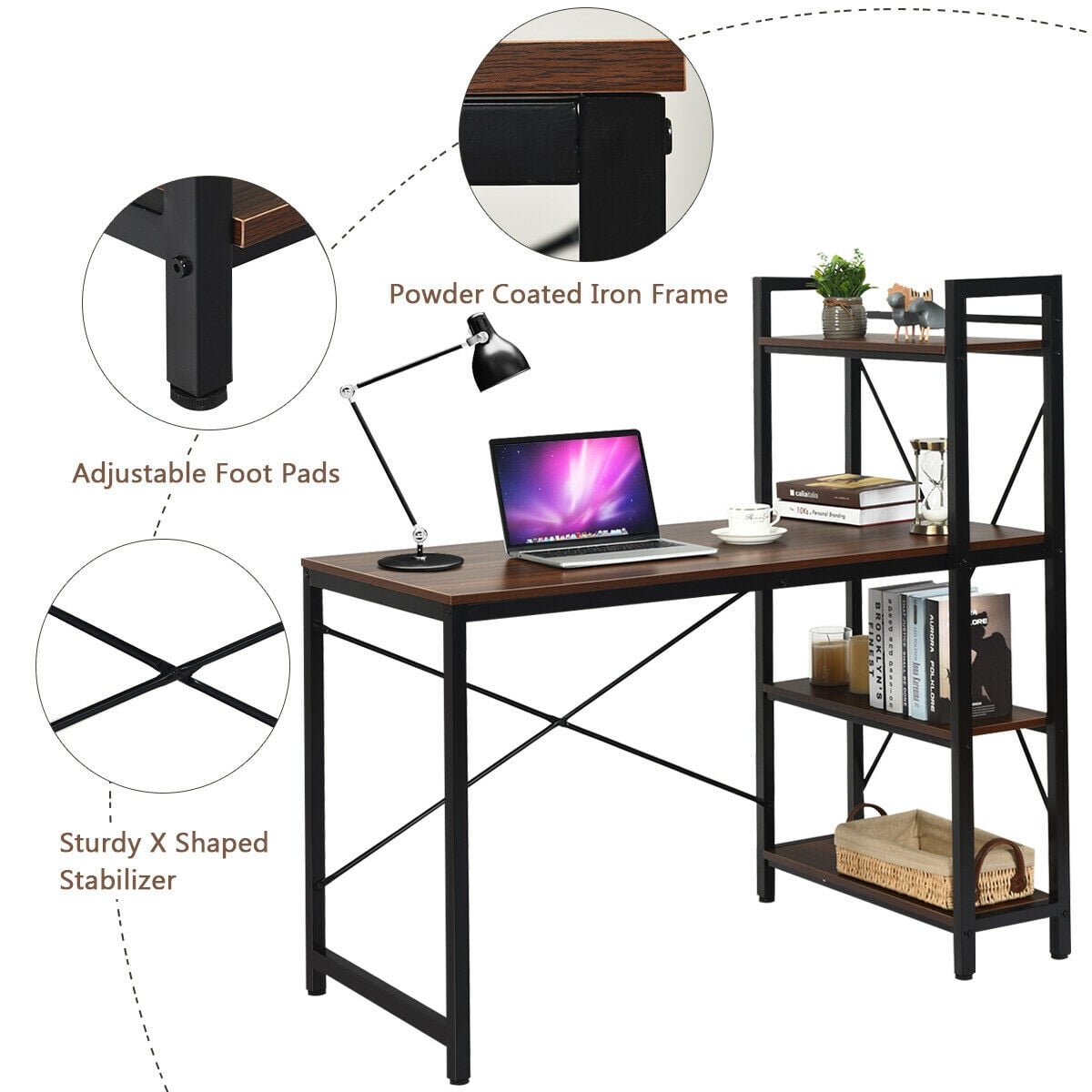47.5 Inch Writing Study Computer Desk with 4-Tier Shelves-Tan-Computer Desks-DECOROLALA