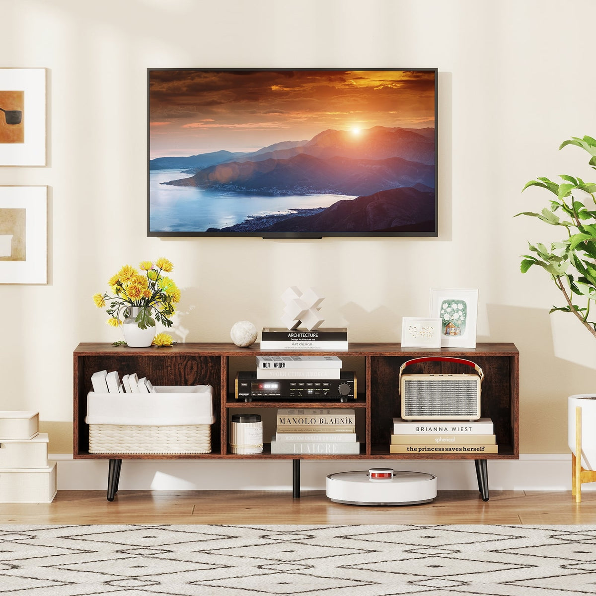 47.5 Inches TV Stand for 55-Inch TV with Compartments and Metal Legs-Rustic Brown-Entertainment Centers & TV Stands-DECOROLALA