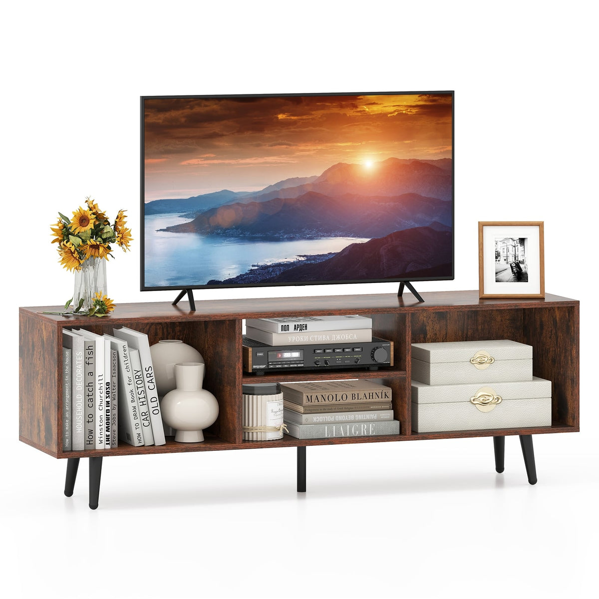 47.5 Inches TV Stand for 55-Inch TV with Compartments and Metal Legs-Rustic Brown-Entertainment Centers & TV Stands-DECOROLALA