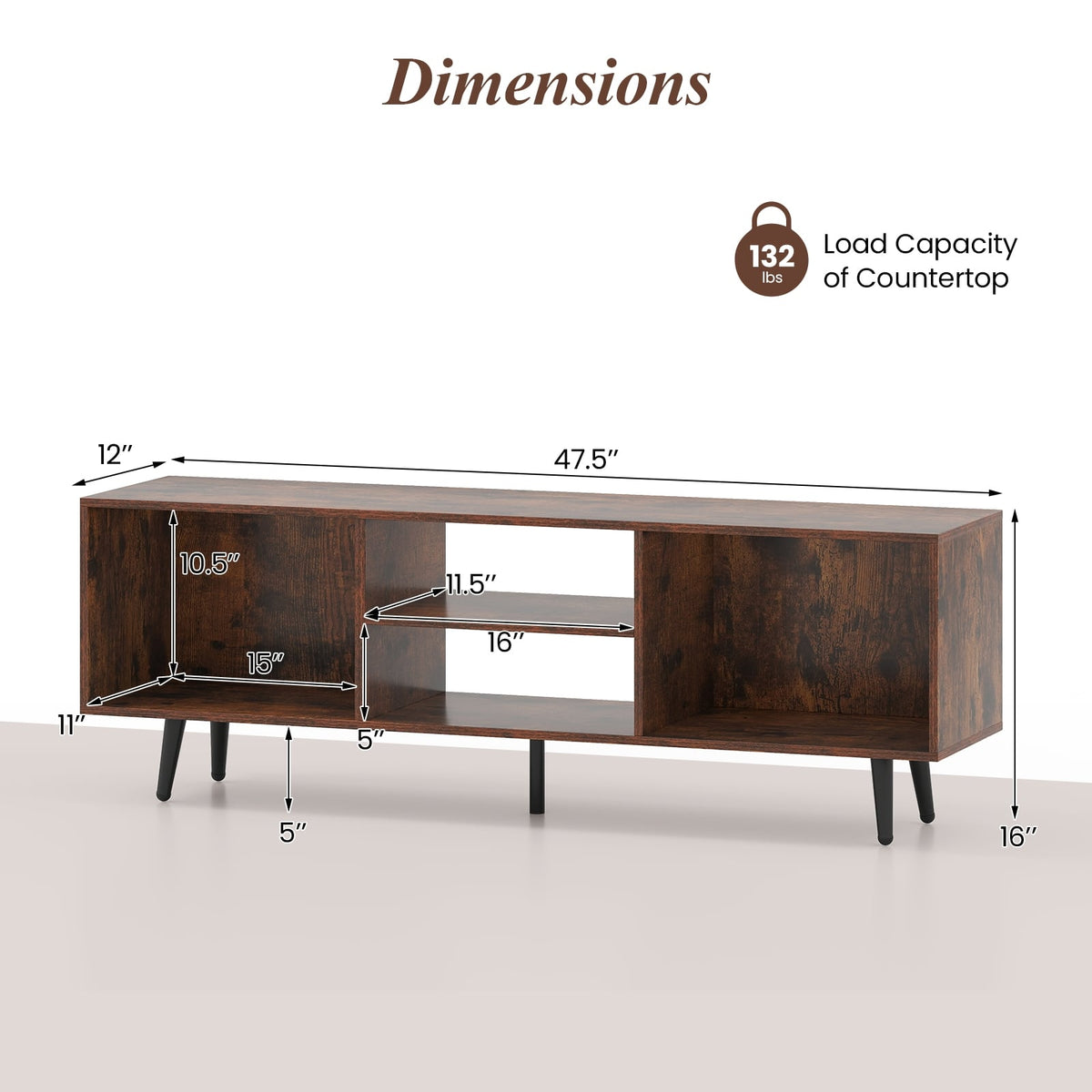 47.5 Inches TV Stand for 55-Inch TV with Compartments and Metal Legs-Rustic Brown-Entertainment Centers & TV Stands-DECOROLALA
