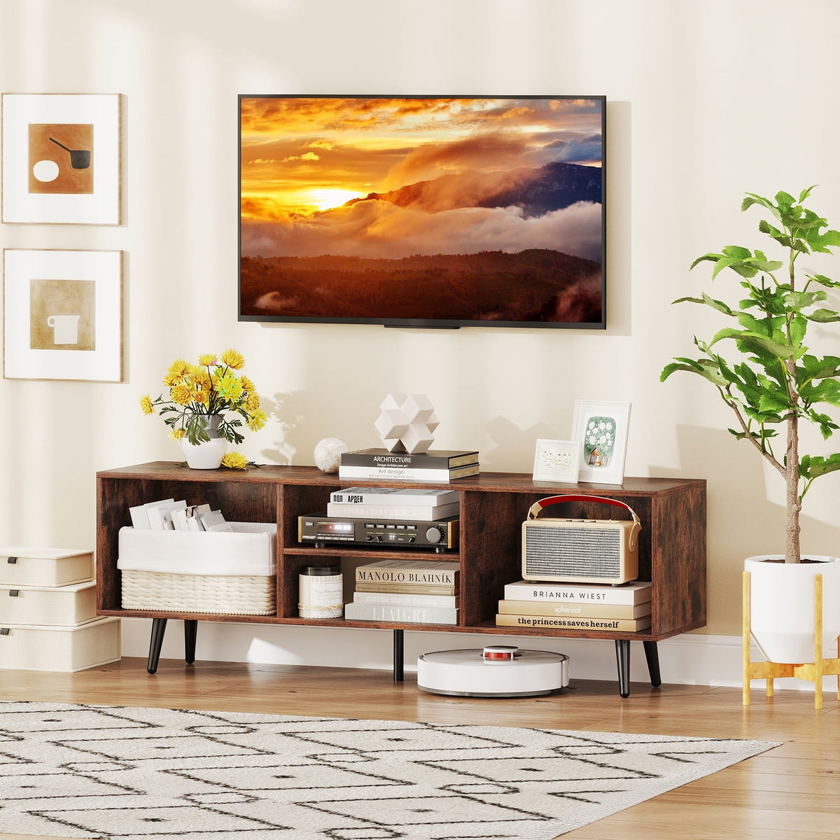 47.5 Inches TV Stand for 55-Inch TV with Compartments and Metal Legs-Rustic Brown-Entertainment Centers & TV Stands-DECOROLALA