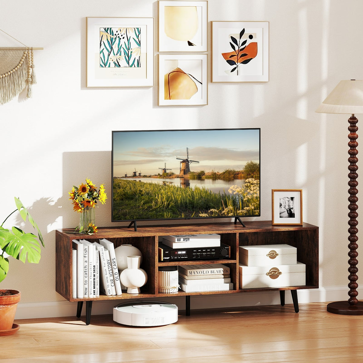 47.5 Inches TV Stand for 55-Inch TV with Compartments and Metal Legs-Rustic Brown-Entertainment Centers & TV Stands-DECOROLALA