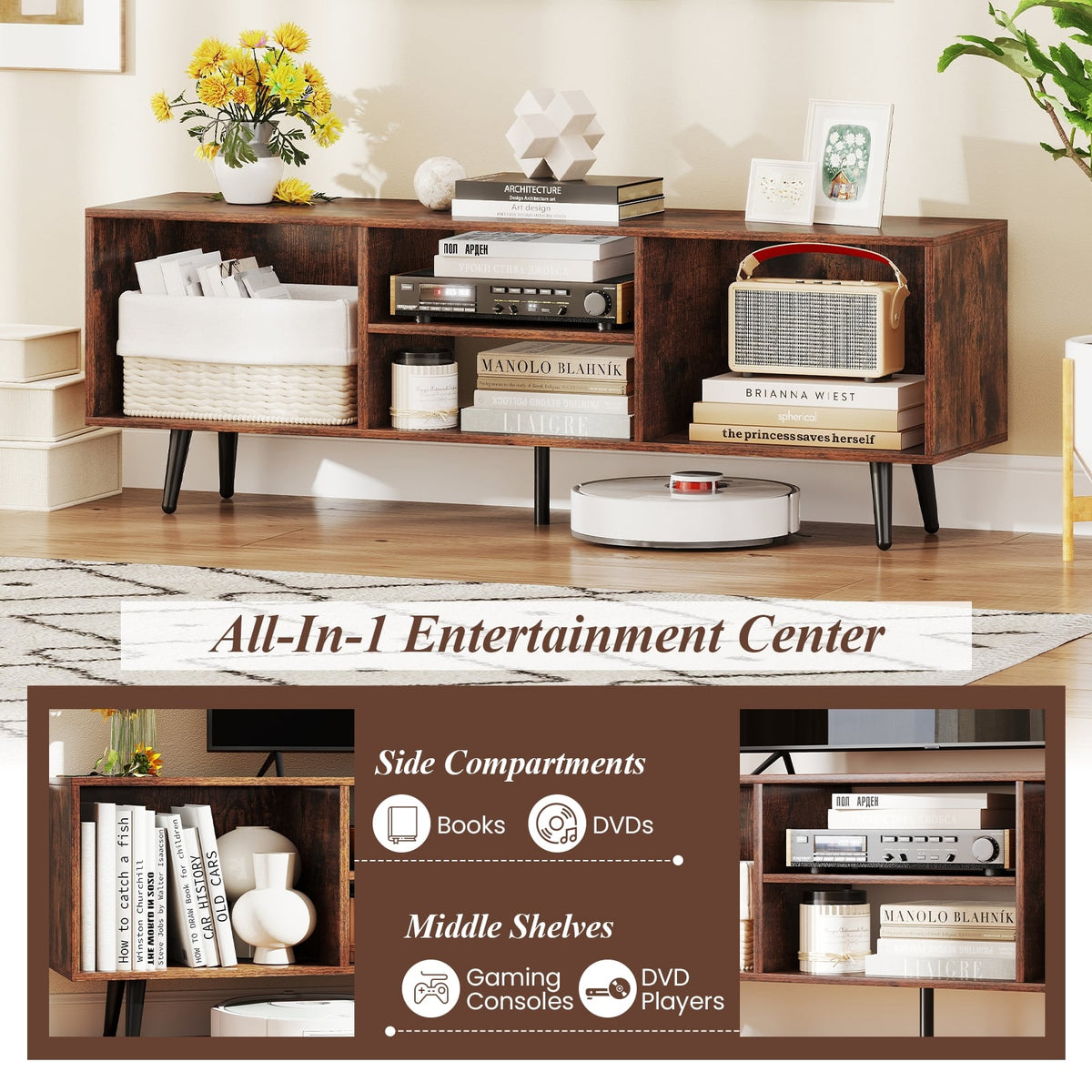 47.5 Inches TV Stand for 55-Inch TV with Compartments and Metal Legs-Rustic Brown-Entertainment Centers & TV Stands-DECOROLALA