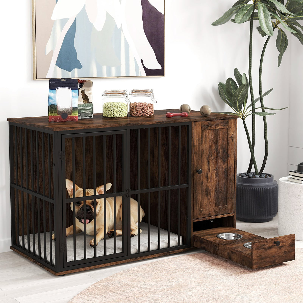 47.5 inch Dog Crate Furniture with Hidden Pull-out Bowls in Drawer for Small and Medium Dogs-Rustic Brown-Dog Kennels-DECOROLALA
