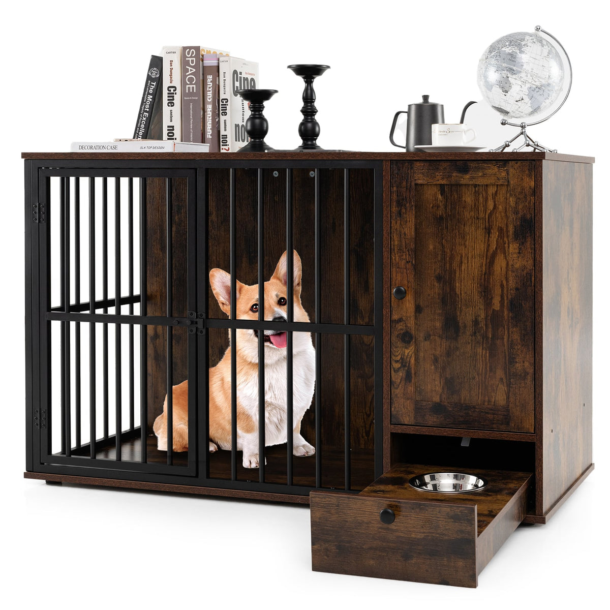 47.5 inch Dog Crate Furniture with Hidden Pull-out Bowls in Drawer for Small and Medium Dogs-Rustic Brown-Dog Kennels-DECOROLALA