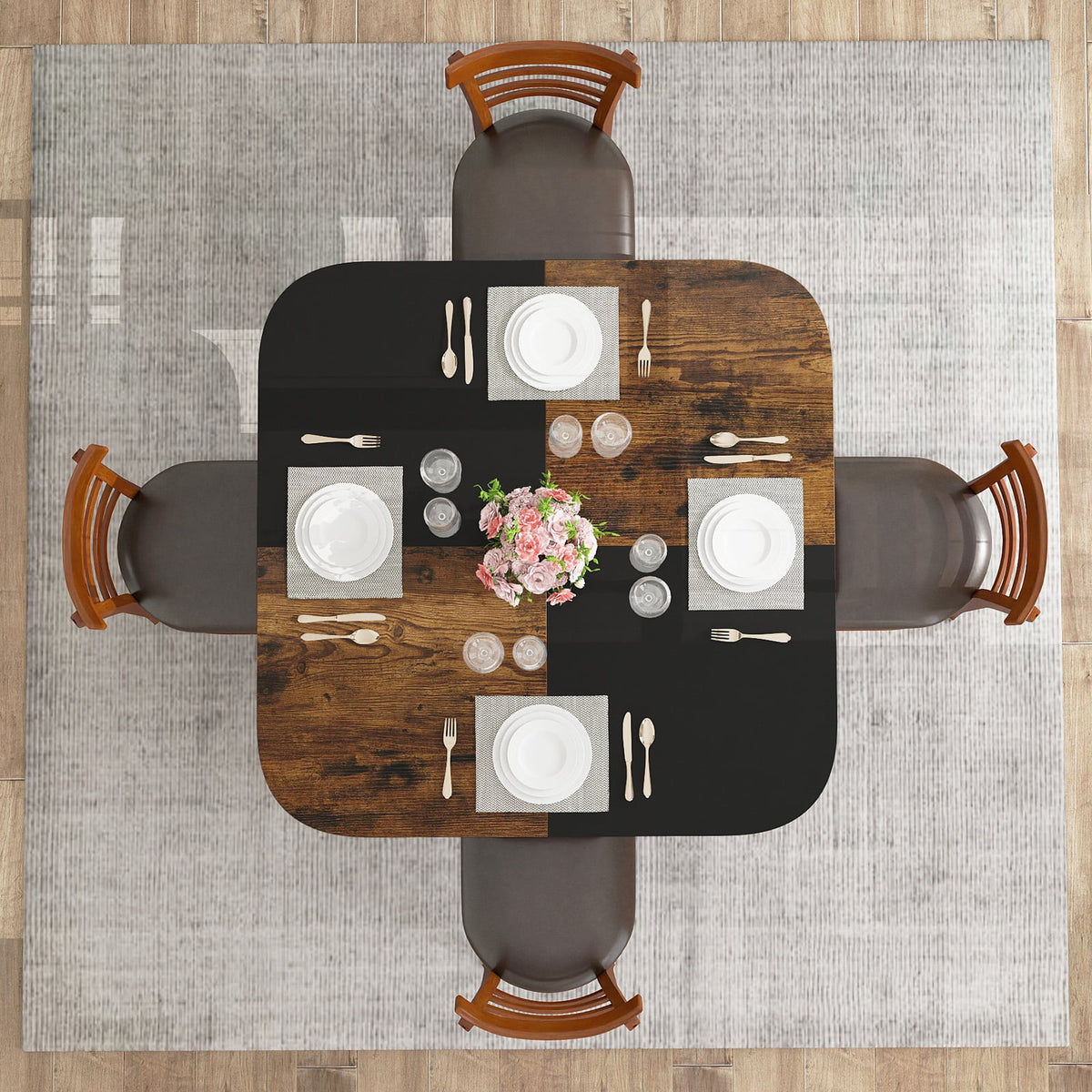 47.5 inch Modern Dining Table Square Kitchen Table with Mix-colored Tabletop-Rustic Brown-Dining Tables-DECOROLALA