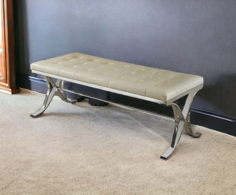 48" Beige and Silver Upholstered Faux Leather Bench-Benches-DECOROLALA