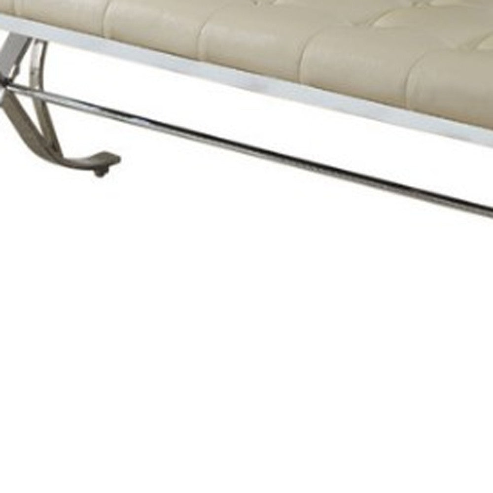 48" Beige and Silver Upholstered Faux Leather Bench-Benches-DECOROLALA