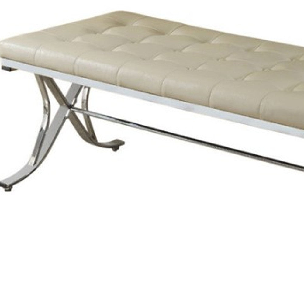 48" Beige and Silver Upholstered Faux Leather Bench-Benches-DECOROLALA