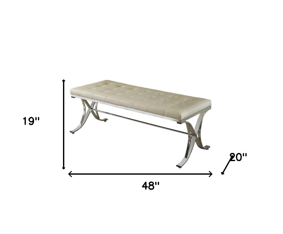 48" Beige and Silver Upholstered Faux Leather Bench-Benches-DECOROLALA