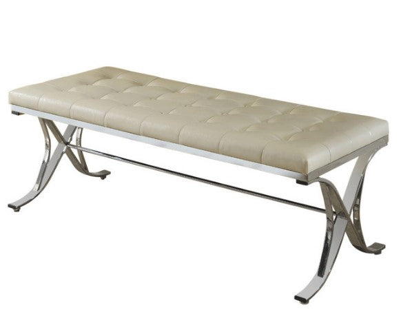 48" Beige and Silver Upholstered Faux Leather Bench-Benches-DECOROLALA