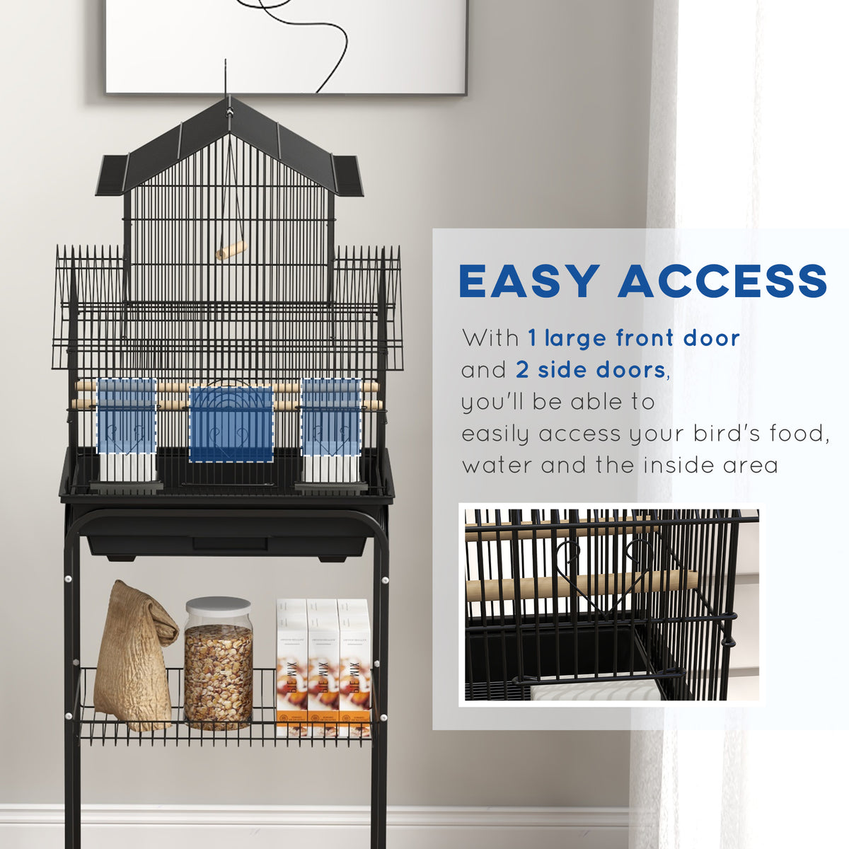 48" Bird Cage with Stand and Accessories - Black Steel-Birds-DECOROLALA