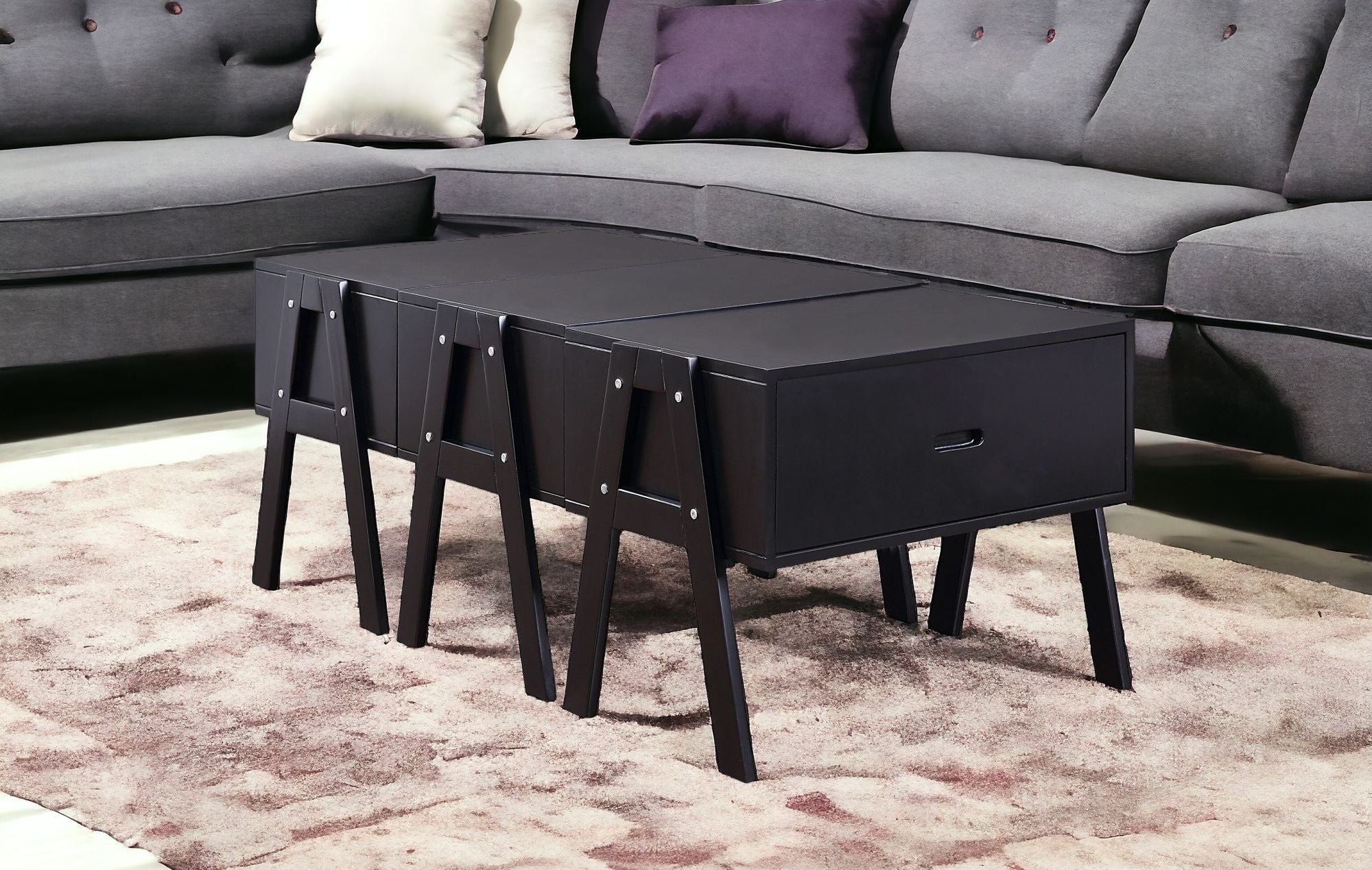 48" Black Convertible Coffee Table With Three Drawers-Coffee Tables-DECOROLALA