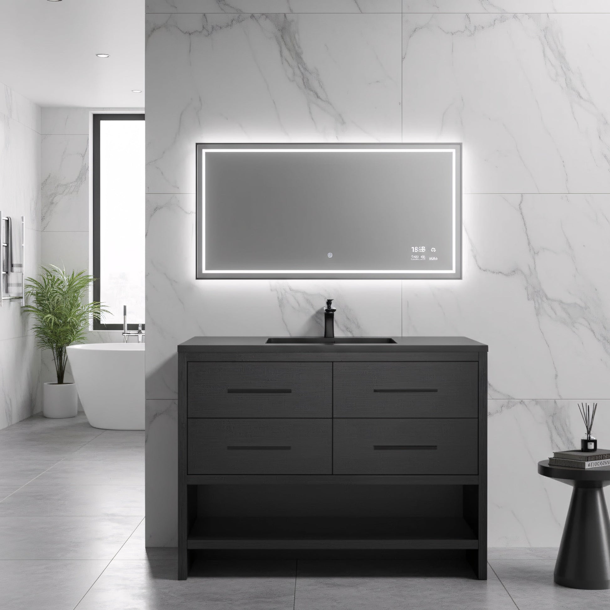 48" Black Rough Oak Freestanding Bathroom Vanity with Black Engineered Quartz Countertop-Migration_Bathroom Vanities-DECOROLALA