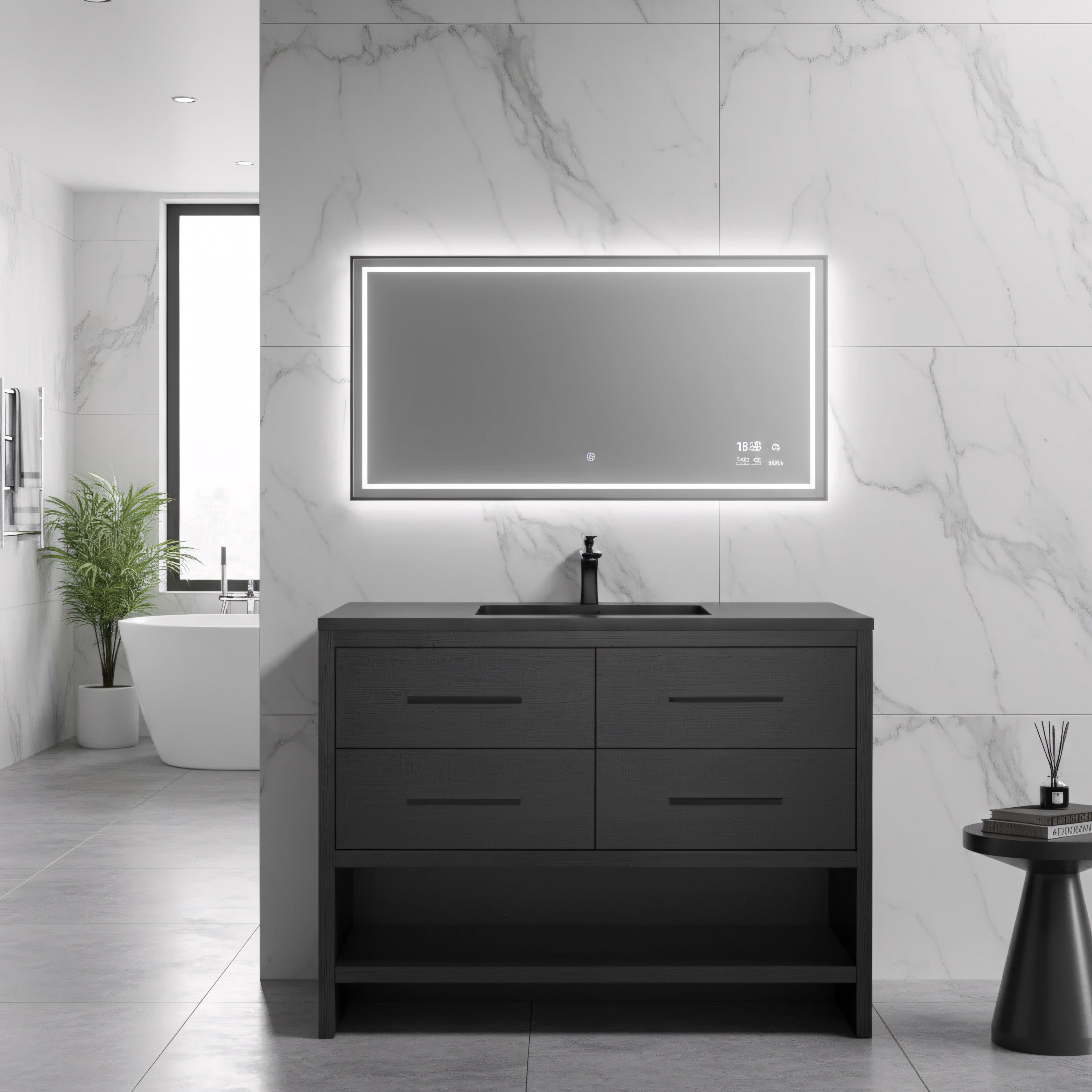 48" Black Rough Oak Freestanding Bathroom Vanity with Black Engineered Quartz Countertop-Migration_Bathroom Vanities-DECOROLALA