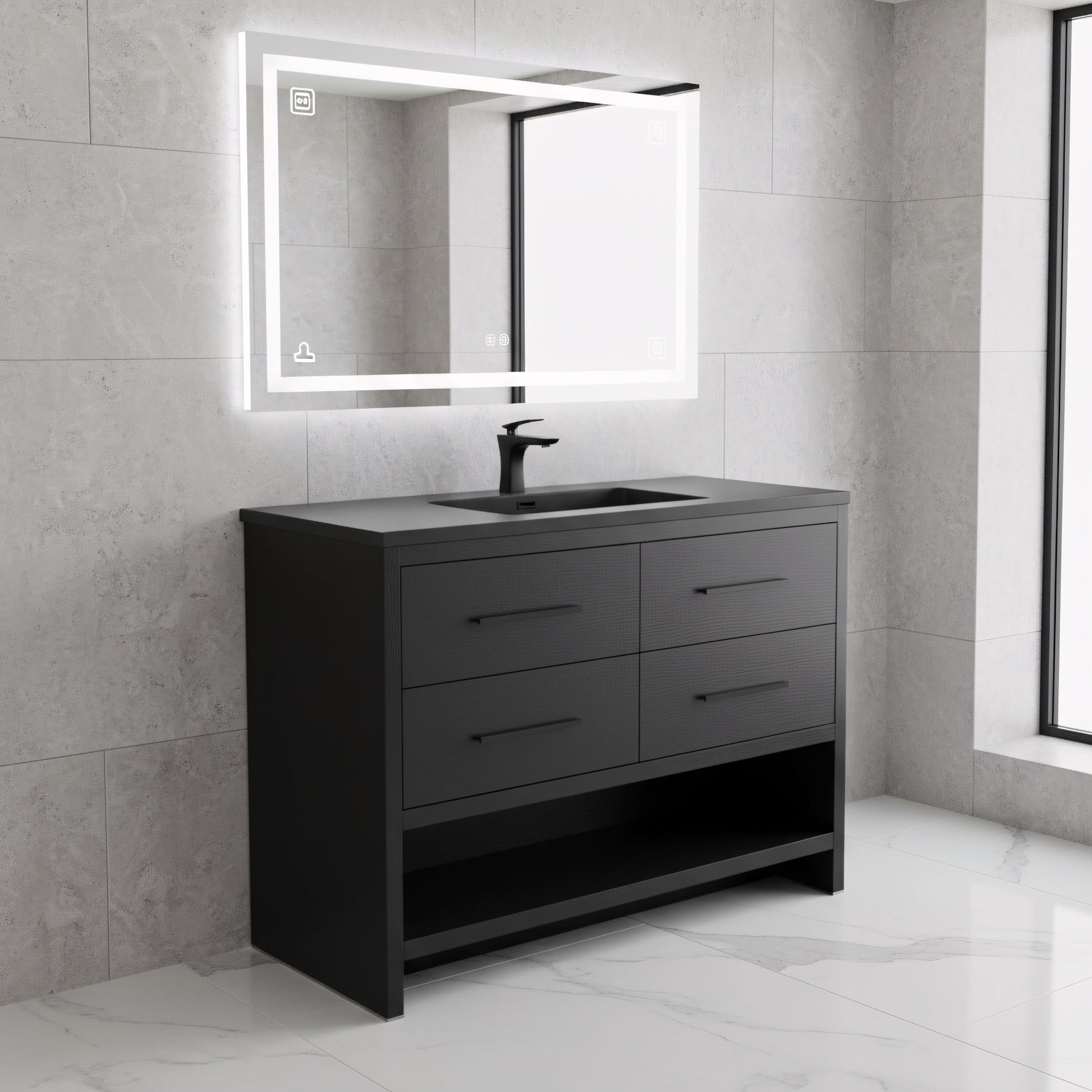 48" Black Rough Oak Freestanding Bathroom Vanity with Black Engineered Quartz Countertop-Migration_Bathroom Vanities-DECOROLALA