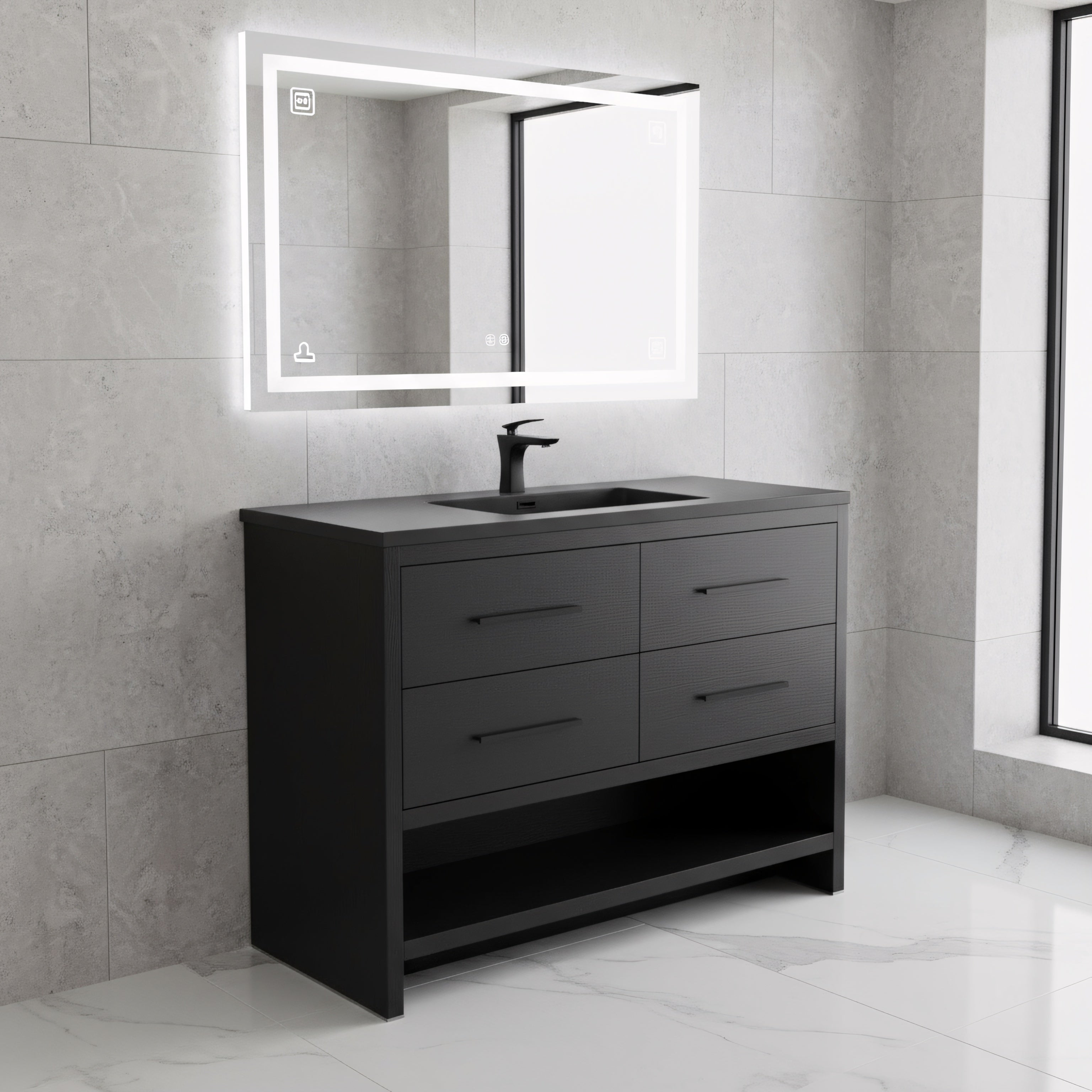 48" Black Rough Oak Freestanding Bathroom Vanity with Black Engineered Quartz Countertop-Migration_Bathroom Vanities-DECOROLALA