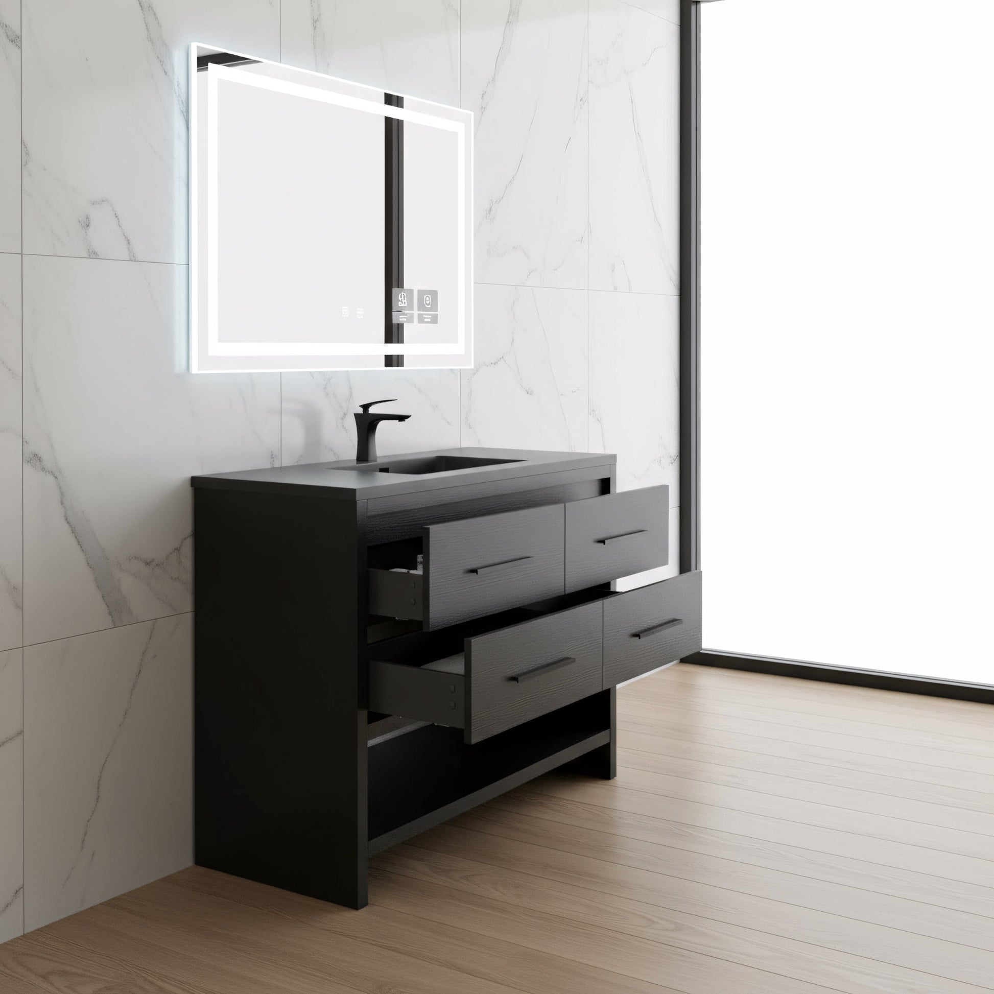 48" Black Rough Oak Freestanding Bathroom Vanity with Black Engineered Quartz Countertop-Migration_Bathroom Vanities-DECOROLALA