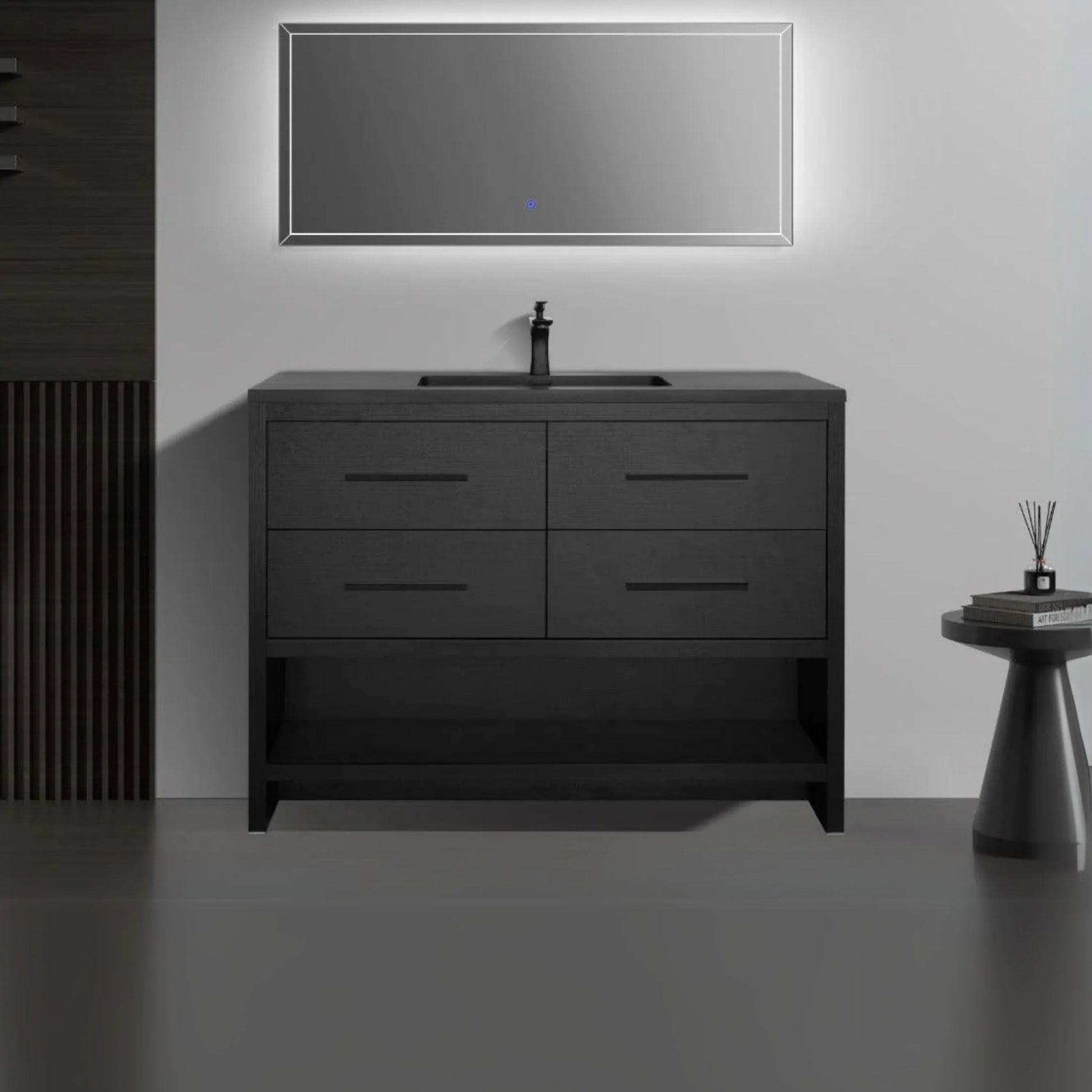 48" Black Rough Oak Freestanding Bathroom Vanity with Black Engineered Quartz Countertop-Migration_Bathroom Vanities-DECOROLALA
