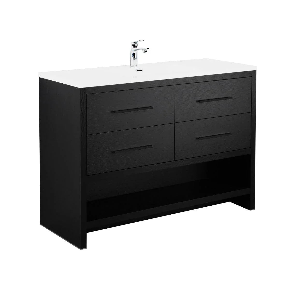 48" Black Rough Oak Freestanding Bathroom Vanity with White Polymarble Countertop-Migration_Bathroom Vanities-DECOROLALA
