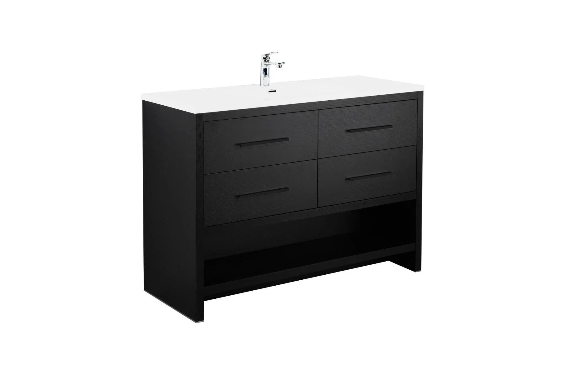 48" Black Rough Oak Freestanding Bathroom Vanity with White Polymarble Countertop-Migration_Bathroom Vanities-DECOROLALA